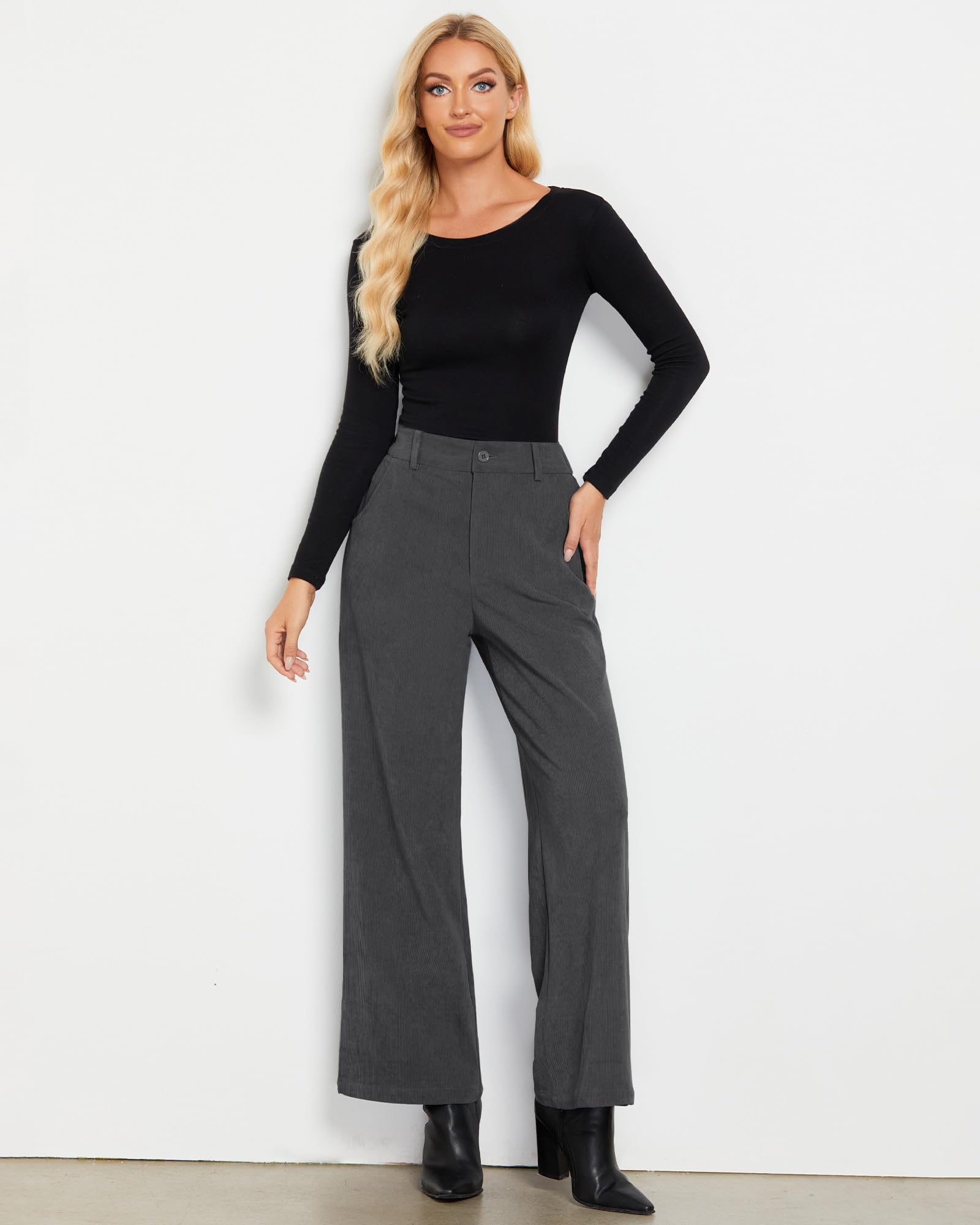 Foto 4 pulgar | Pantalones Grapent De Pana Gris Con Pierna Ancha Y Cintura Alta Para Mujer - Venta Internacional.