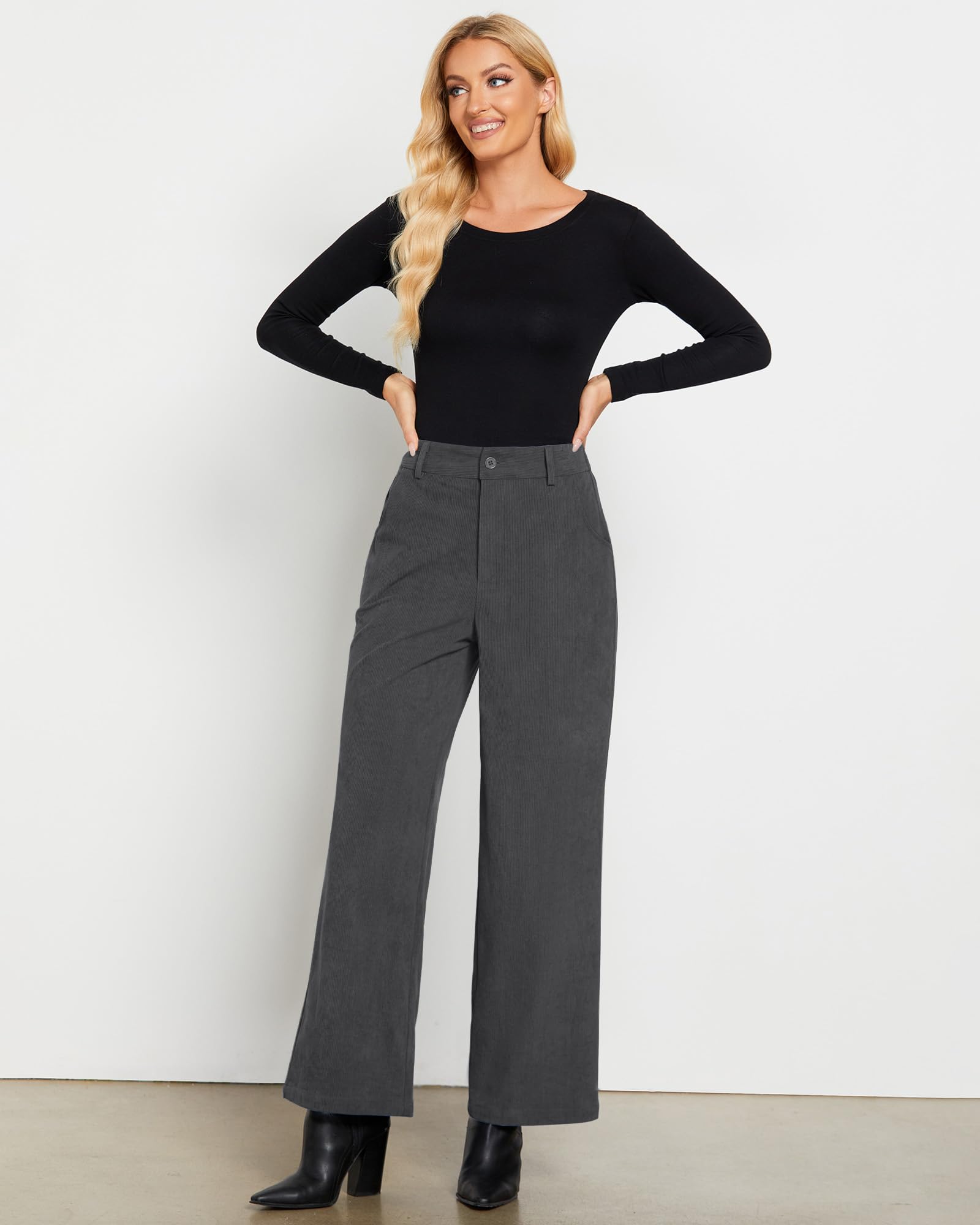 Foto 5 pulgar | Pantalones Grapent De Pana Gris Con Pierna Ancha Y Cintura Alta Para Mujer - Venta Internacional.