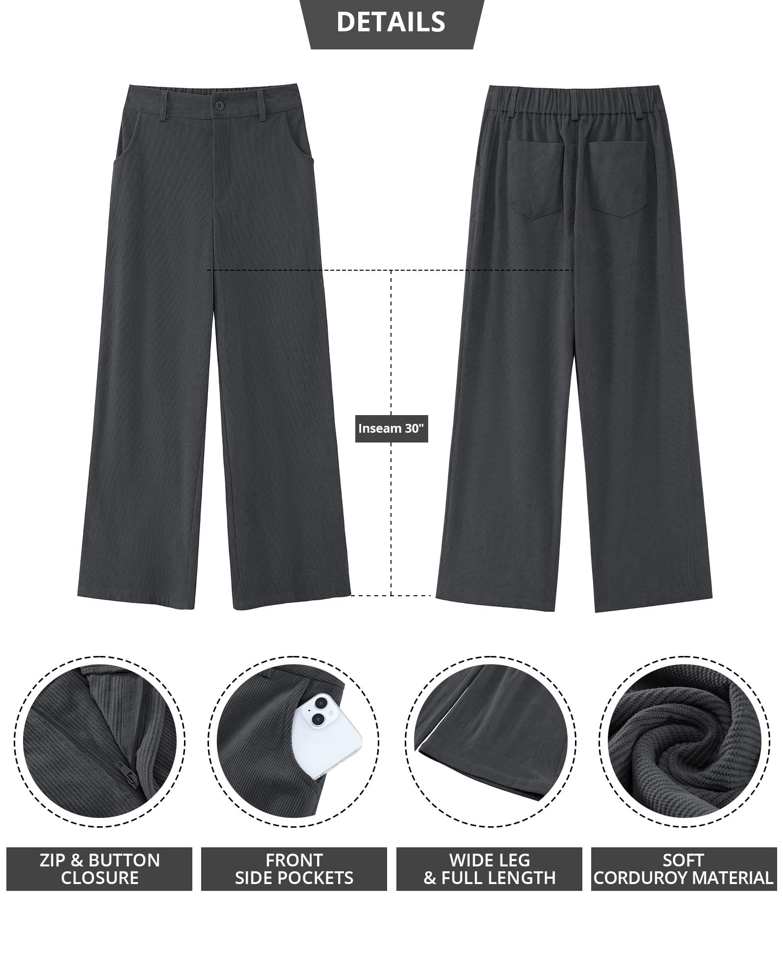 Foto 7 pulgar | Pantalones Grapent De Pana Gris Con Pierna Ancha Y Cintura Alta Para Mujer - Venta Internacional.
