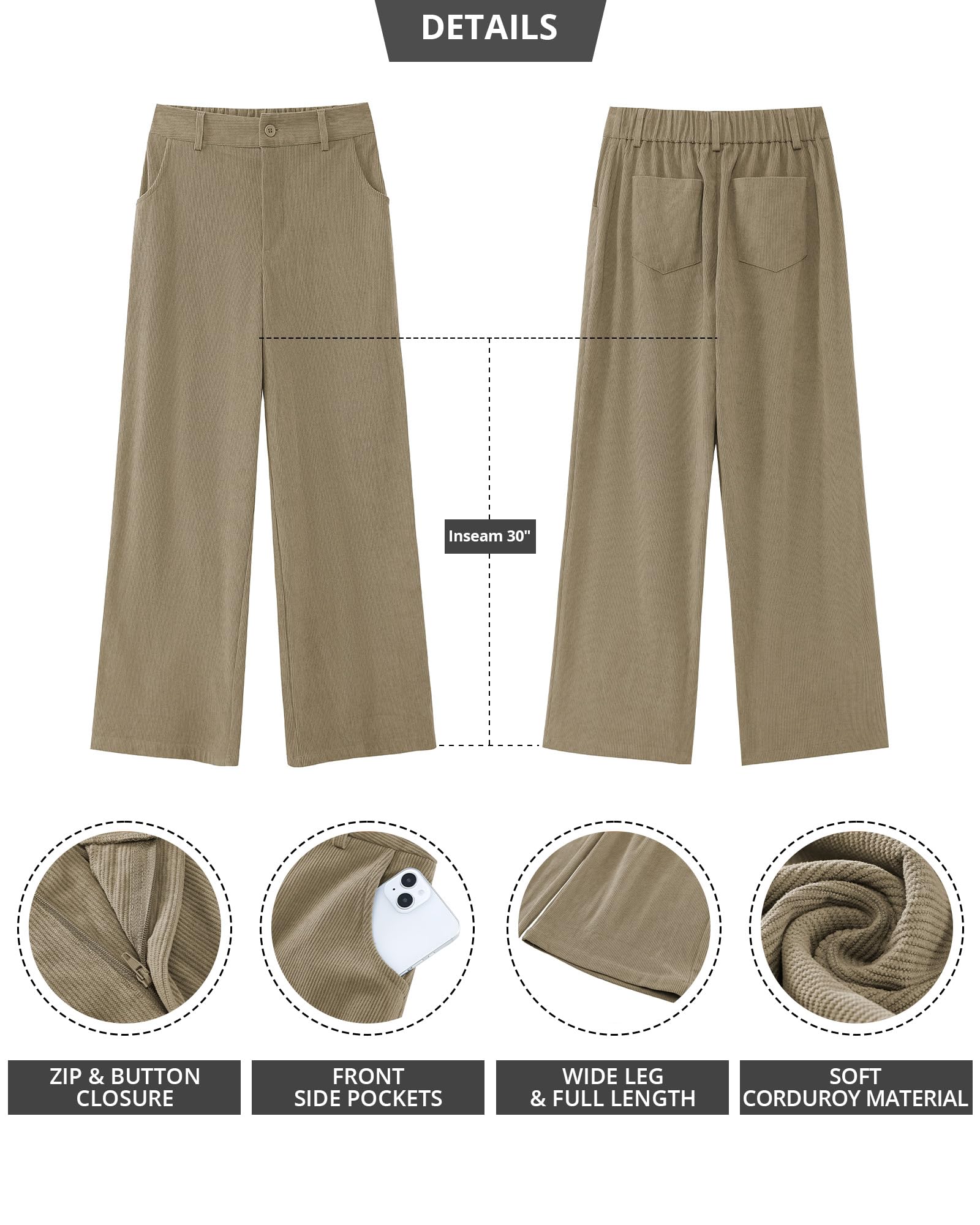 Foto 7 pulgar | Pantalones Grapent De Pana Caqui, Pierna Ancha, Cintura Alta, Talla Xxl - Venta Internacional.
