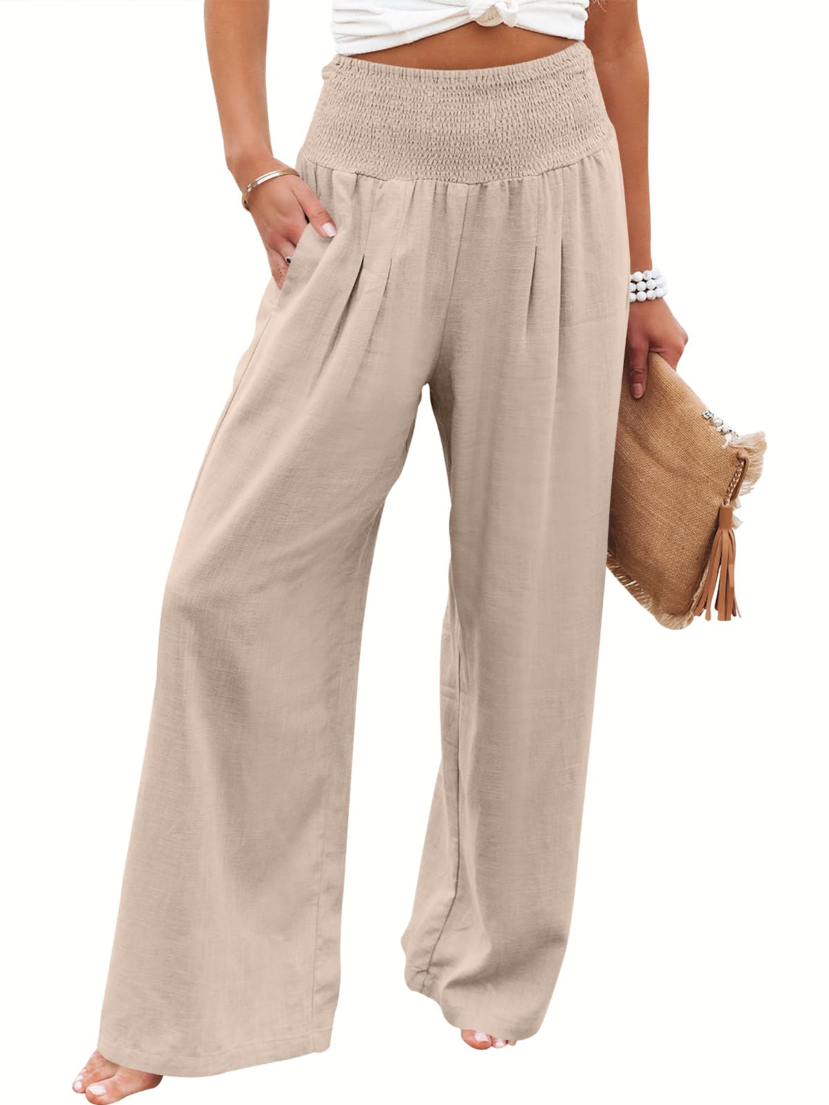 Pantalones Palazzo Anrabess De Lino Para Mujer, Pernera Ancha Y Cintura Alta - Venta Internacional.