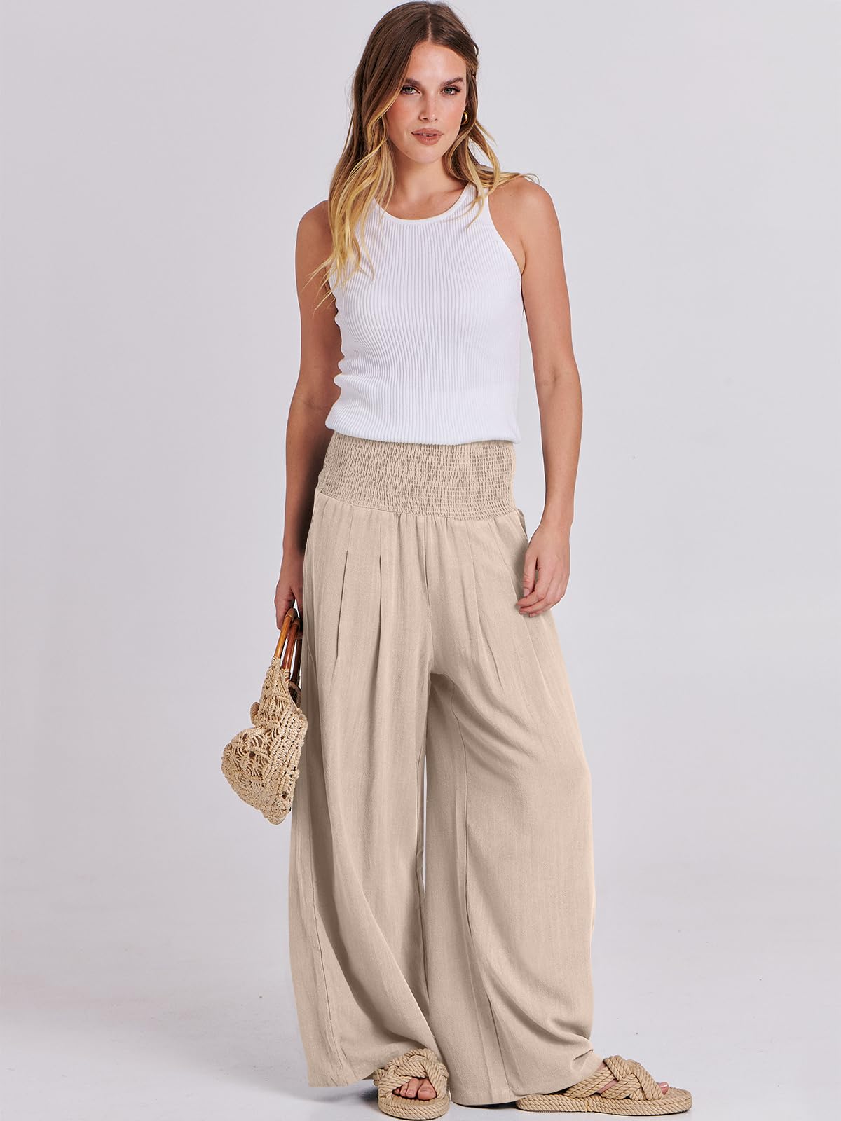Foto 6 pulgar | Pantalones Palazzo Anrabess De Lino Para Mujer, Pernera Ancha Y Cintura Alta - Venta Internacional.