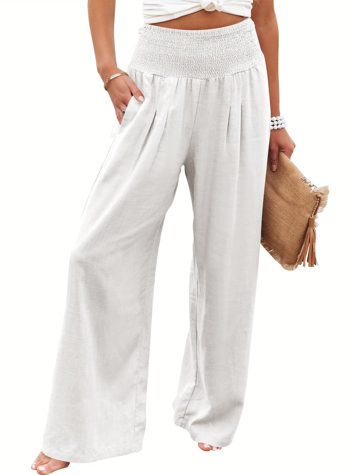 Pantalones Palazzo Anrabess De Lino Blanco De Cintura Alta Para Mujer - Venta Internacional.