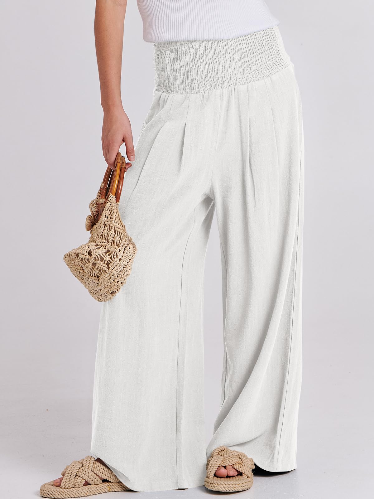 Foto 3 pulgar | Pantalones Palazzo Anrabess De Lino Blanco De Cintura Alta Para Mujer - Venta Internacional.