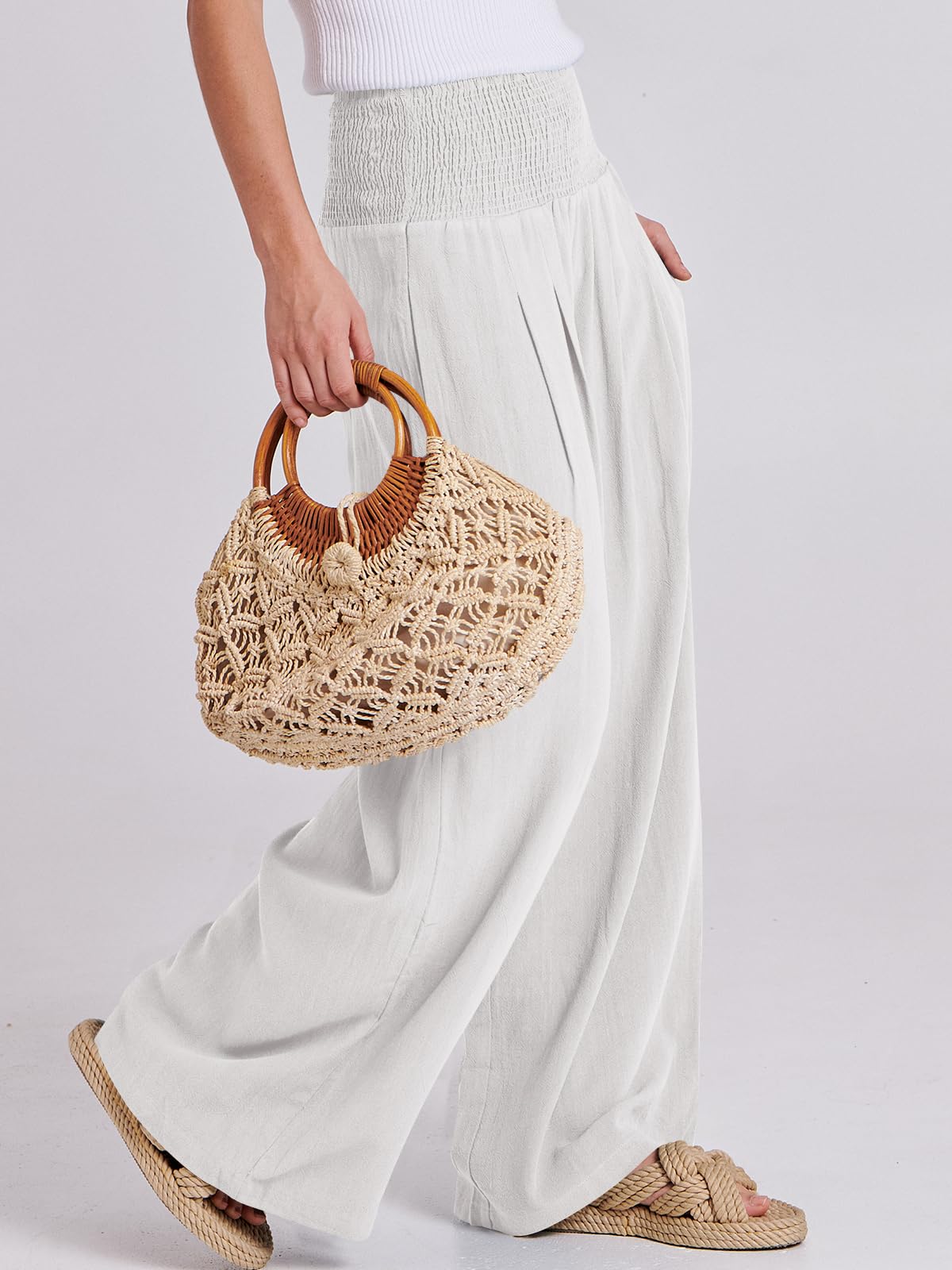 Foto 4 pulgar | Pantalones Palazzo Anrabess De Lino Blanco De Cintura Alta Para Mujer - Venta Internacional.