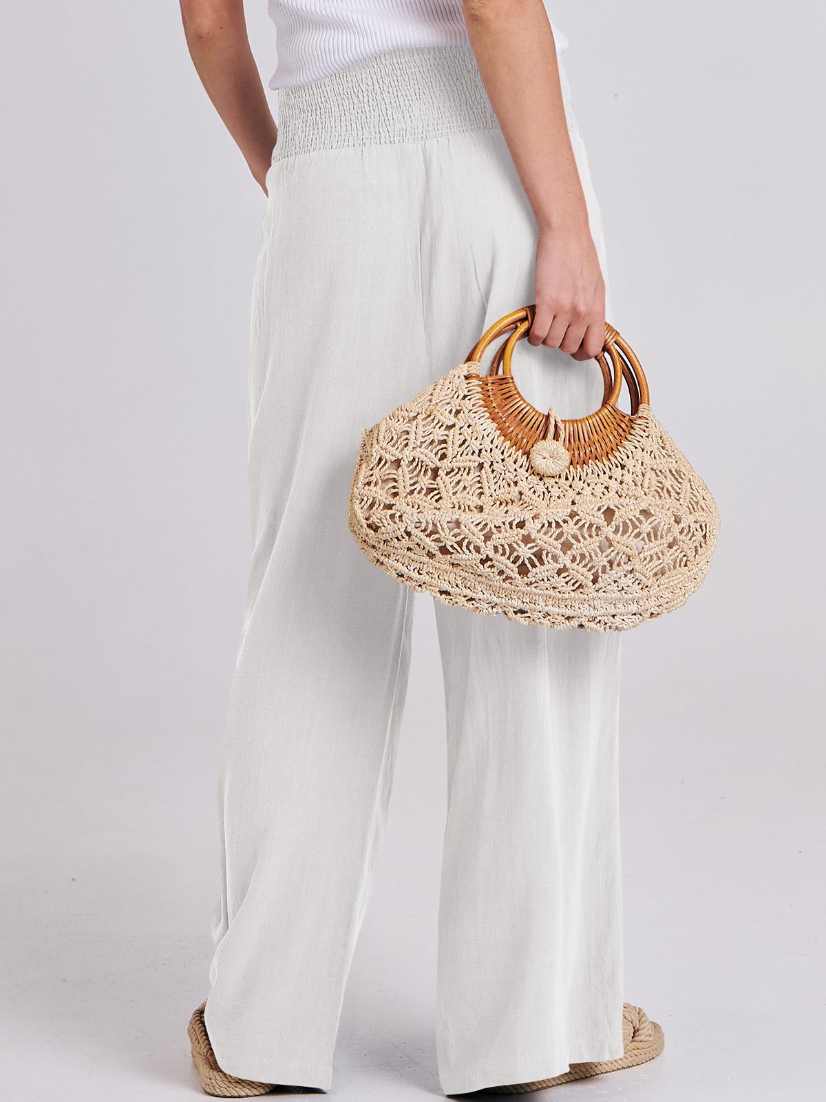 Foto 5 pulgar | Pantalones Palazzo Anrabess De Lino Blanco De Cintura Alta Para Mujer - Venta Internacional.