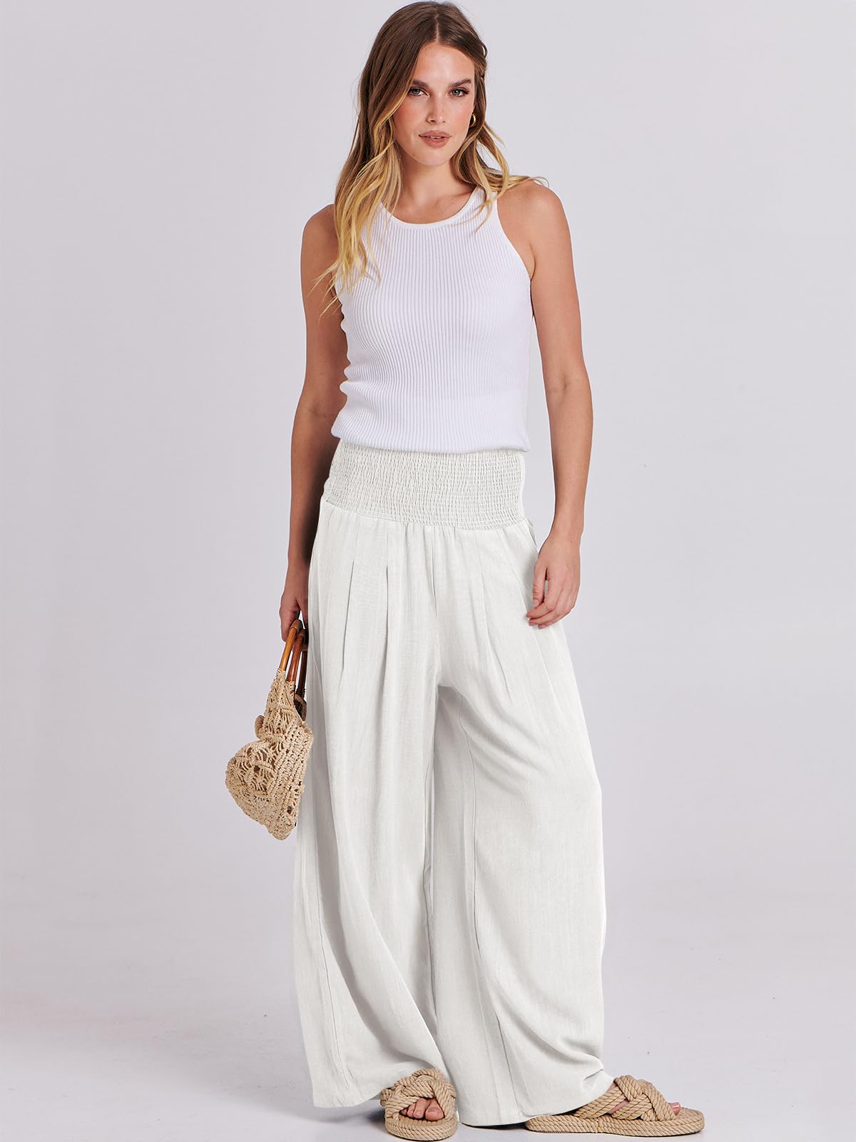Foto 5 | Pantalones Palazzo Anrabess De Lino Blanco De Cintura Alta Para Mujer - Venta Internacional.