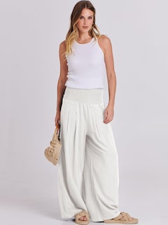 Foto 5 | Pantalones Palazzo Anrabess De Lino Blanco De Cintura Alta Para Mujer - Venta Internacional.