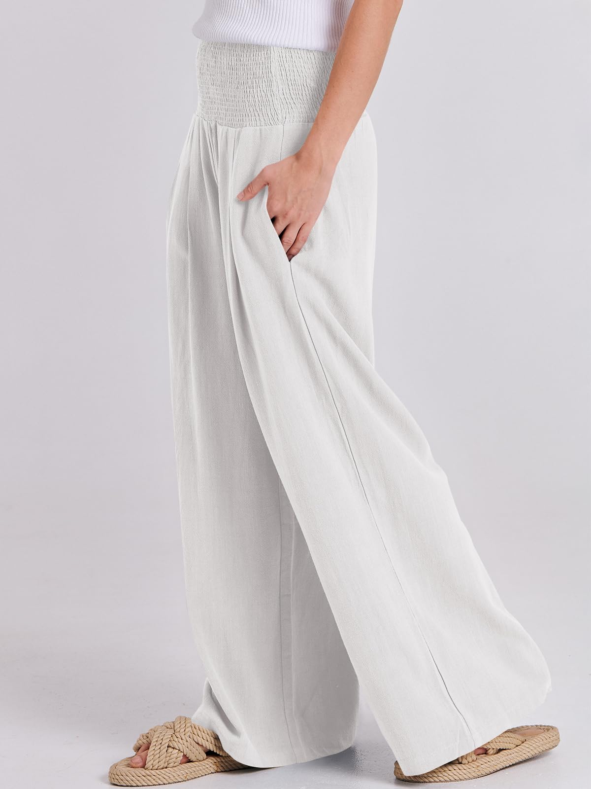 Foto 7 | Pantalones Palazzo Anrabess De Lino Blanco De Cintura Alta Para Mujer - Venta Internacional.
