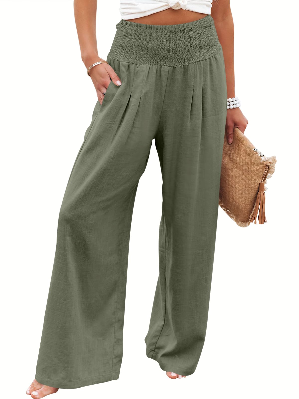 Foto 2 pulgar | Pantalones Palazzo Anrabess De Lino Para Mujer, Pierna Ancha, Color Oliva, Tamaño Mediano - Venta Internacional.