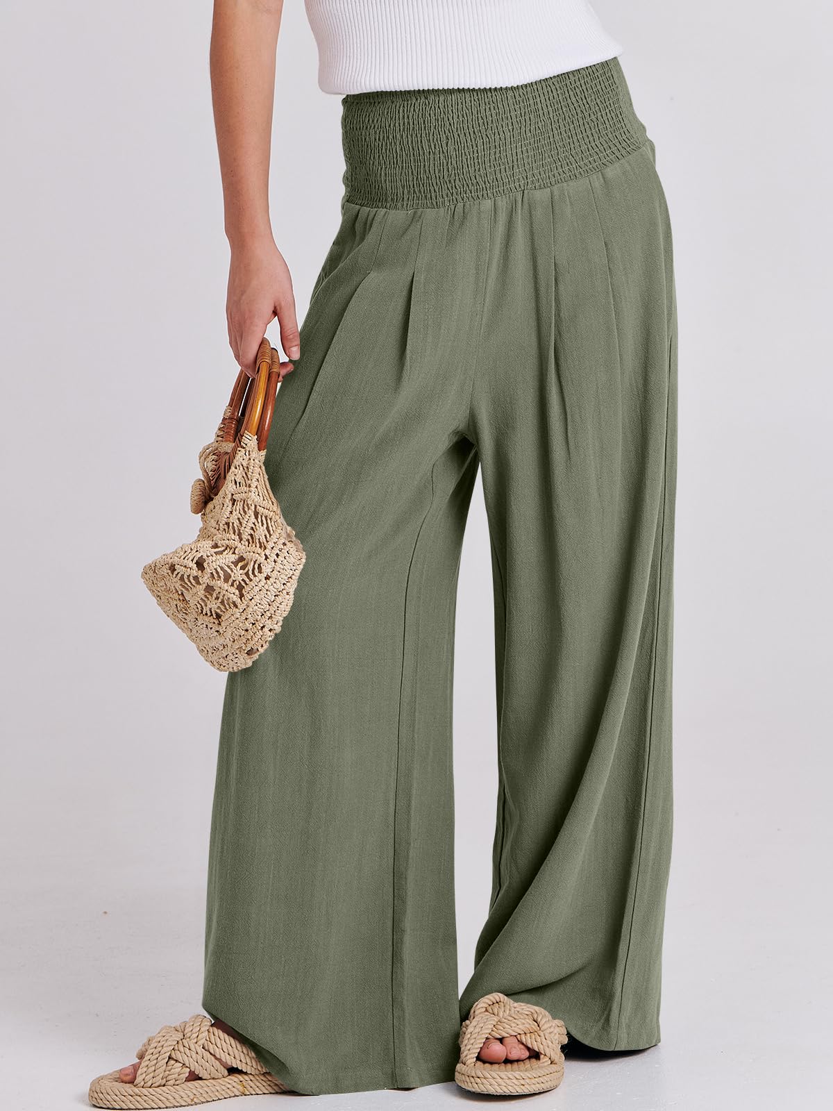 Foto 3 pulgar | Pantalones Palazzo Anrabess De Lino Para Mujer, Pierna Ancha, Color Oliva, Tamaño Mediano - Venta Internacional.