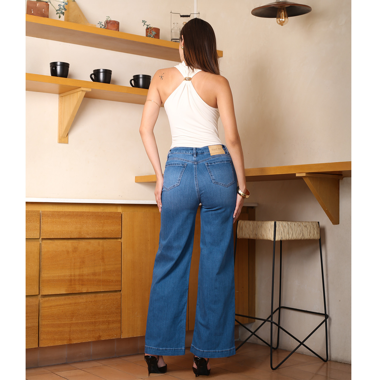 Foto 6 pulgar | Jeans Mujer Wide Leg Tiro Alto Stretch Azul Medio