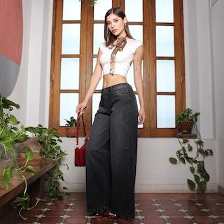 Foto 2 | Jeans Mujer Wide Leg Tiro Alto 100% Algodón Negro