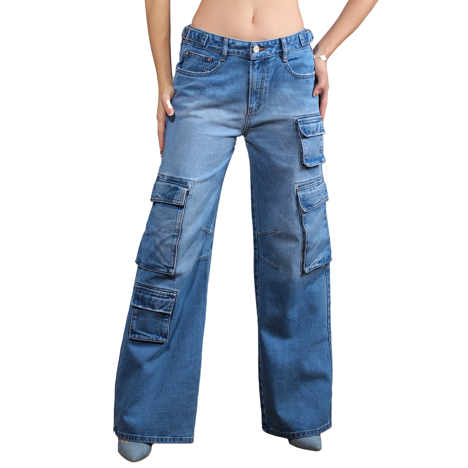 Foto 1 | Jeans Mujer Corte Recto Ancho 100% Algodón Azul Medio