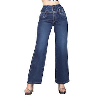 Foto 1 | Jeans Mujer Corte Recto Tiro Alto Stretch Azul Medio