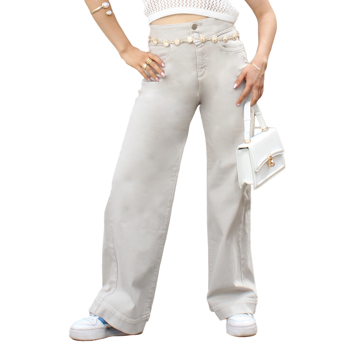 Foto 2 pulgar | Jeans Mujer Corte Recto Ancho Tiro Alto Algodón Hueso