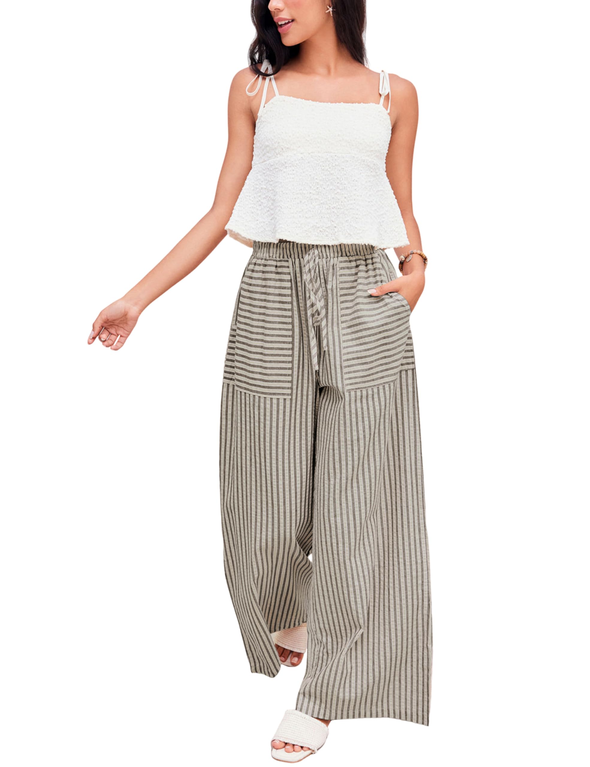 Foto 2 pulgar | Pantalones Anchos Yeokou De Algodón A Rayas Con Cordón Para Mujer - Venta Internacional.