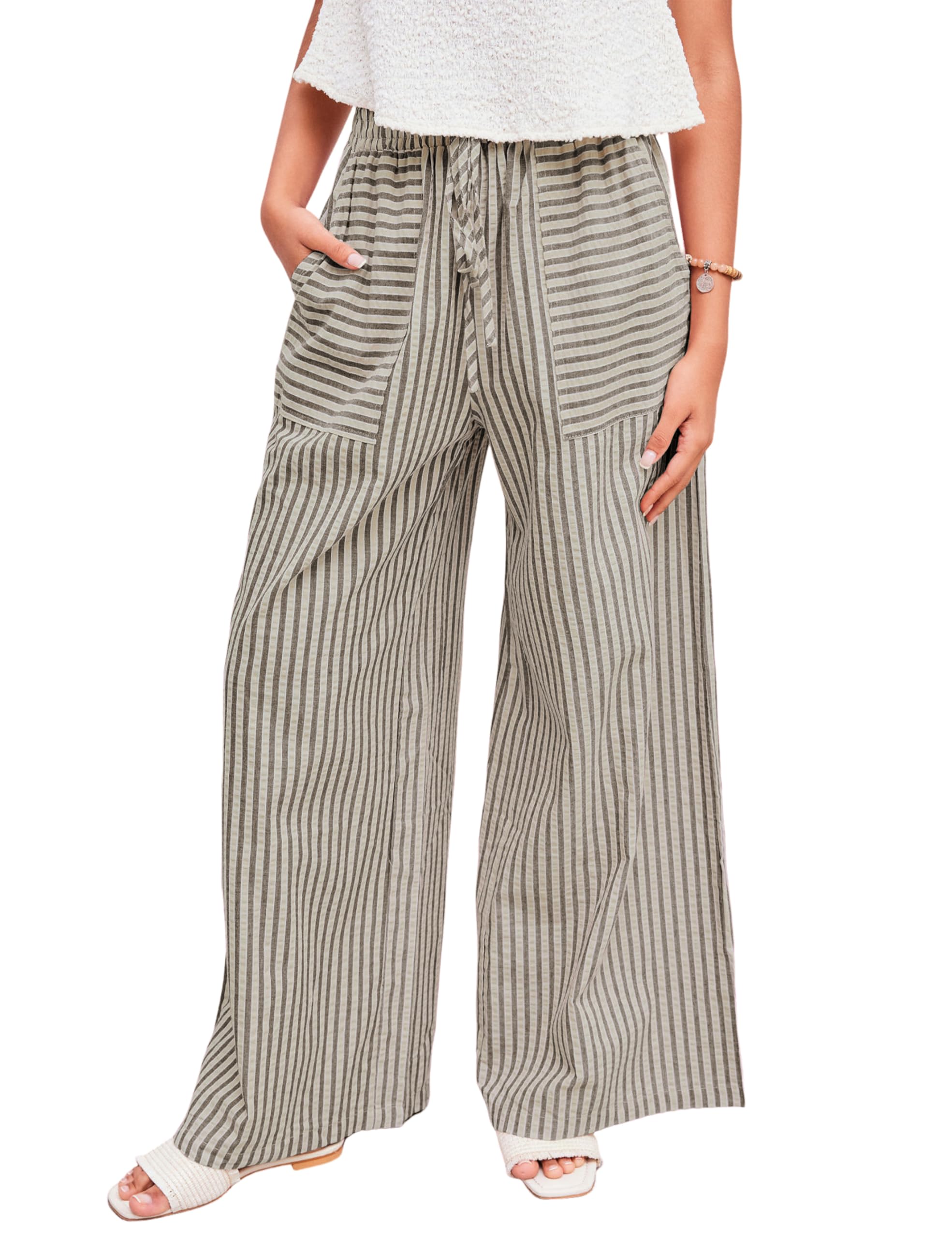 Foto 3 pulgar | Pantalones Anchos Yeokou De Algodón A Rayas Con Cordón Para Mujer - Venta Internacional.