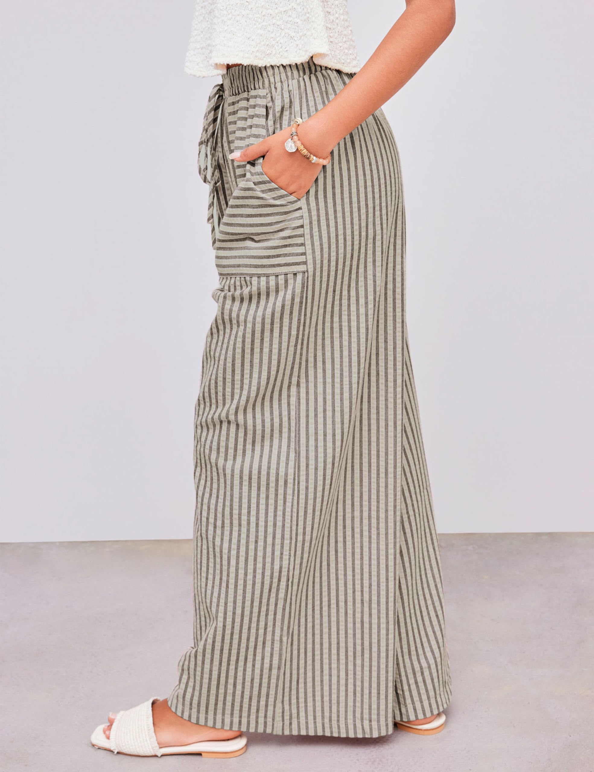 Foto 3 | Pantalones Anchos Yeokou De Algodón A Rayas Con Cordón Para Mujer - Venta Internacional.