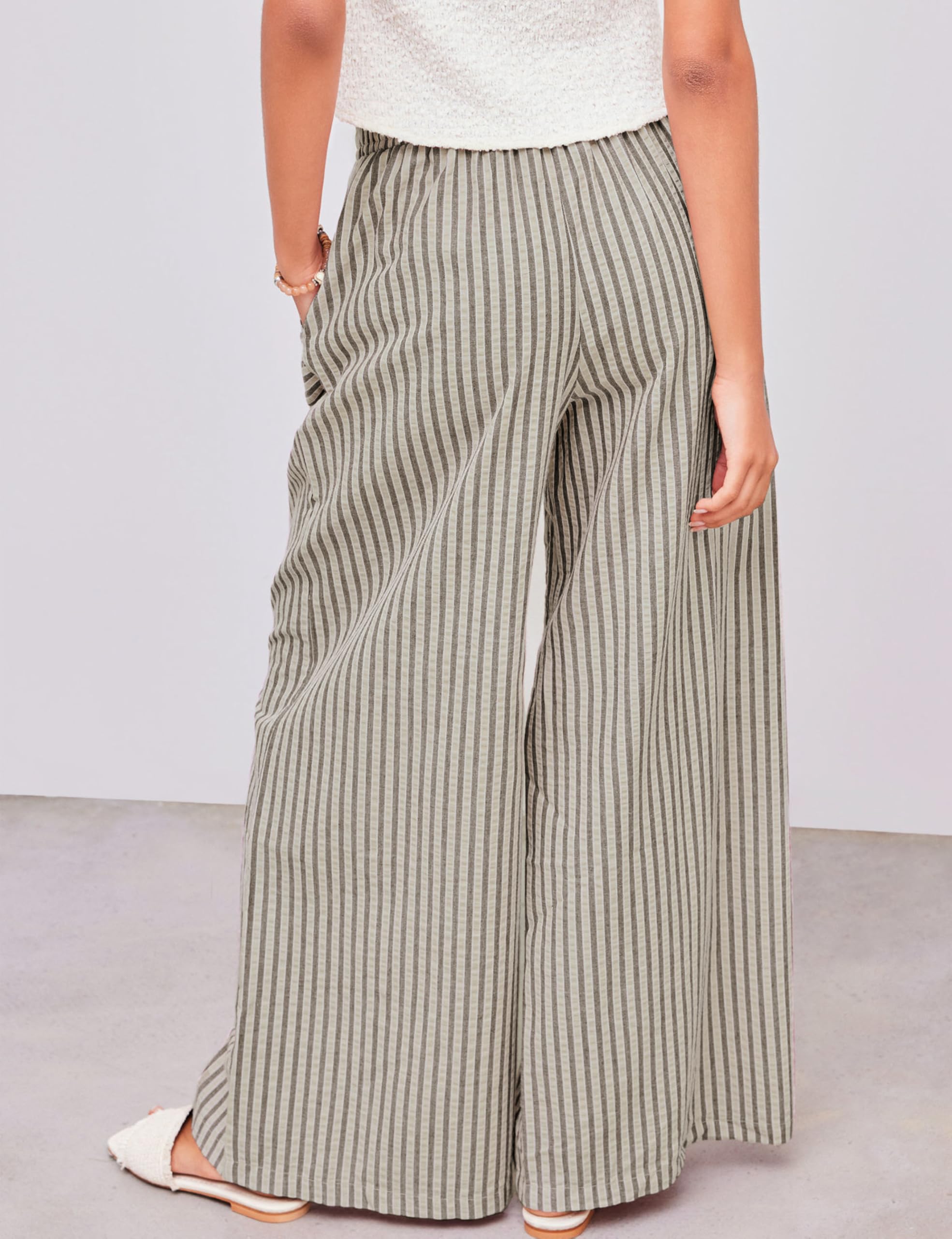 Foto 5 pulgar | Pantalones Anchos Yeokou De Algodón A Rayas Con Cordón Para Mujer - Venta Internacional.