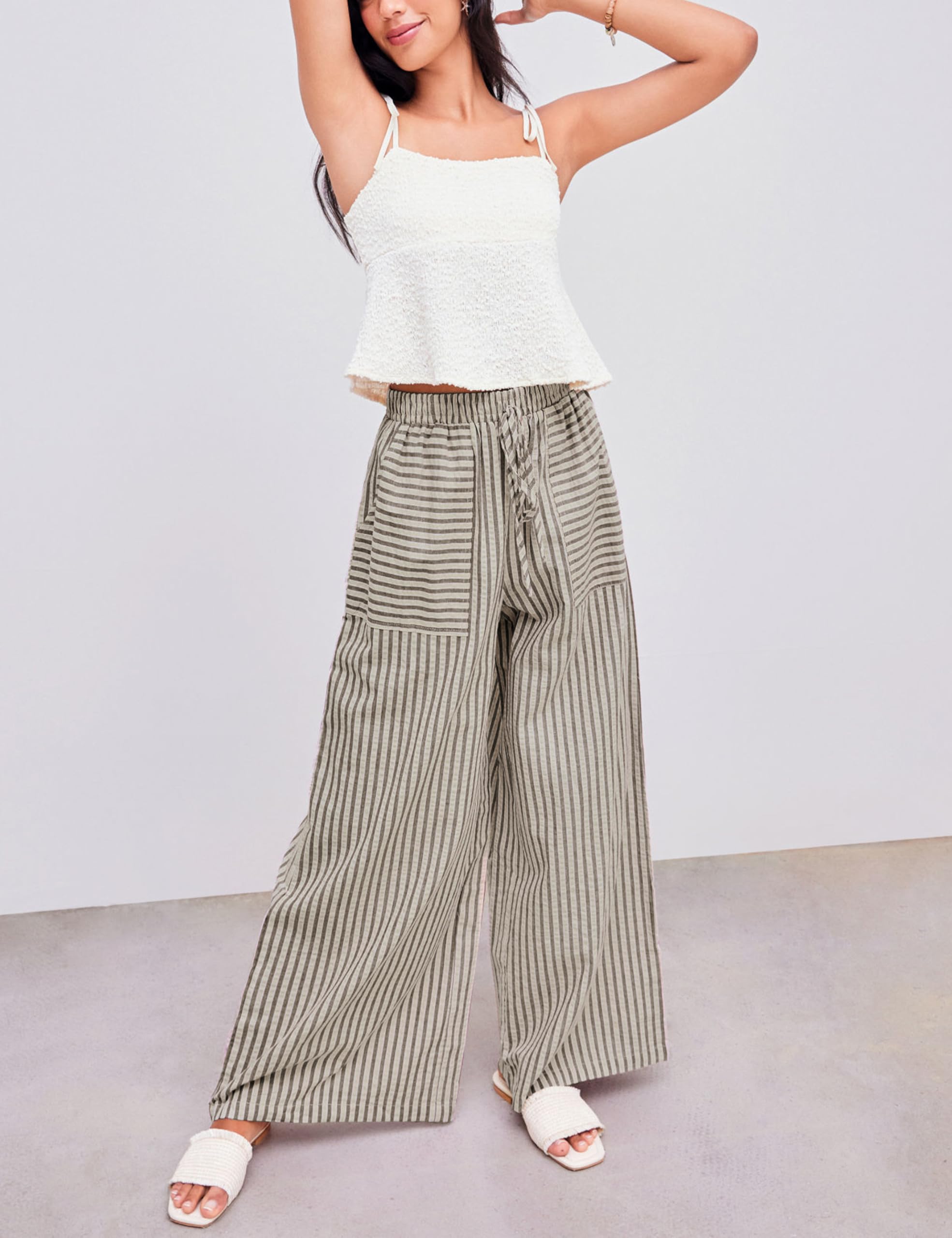 Foto 6 pulgar | Pantalones Anchos Yeokou De Algodón A Rayas Con Cordón Para Mujer - Venta Internacional.