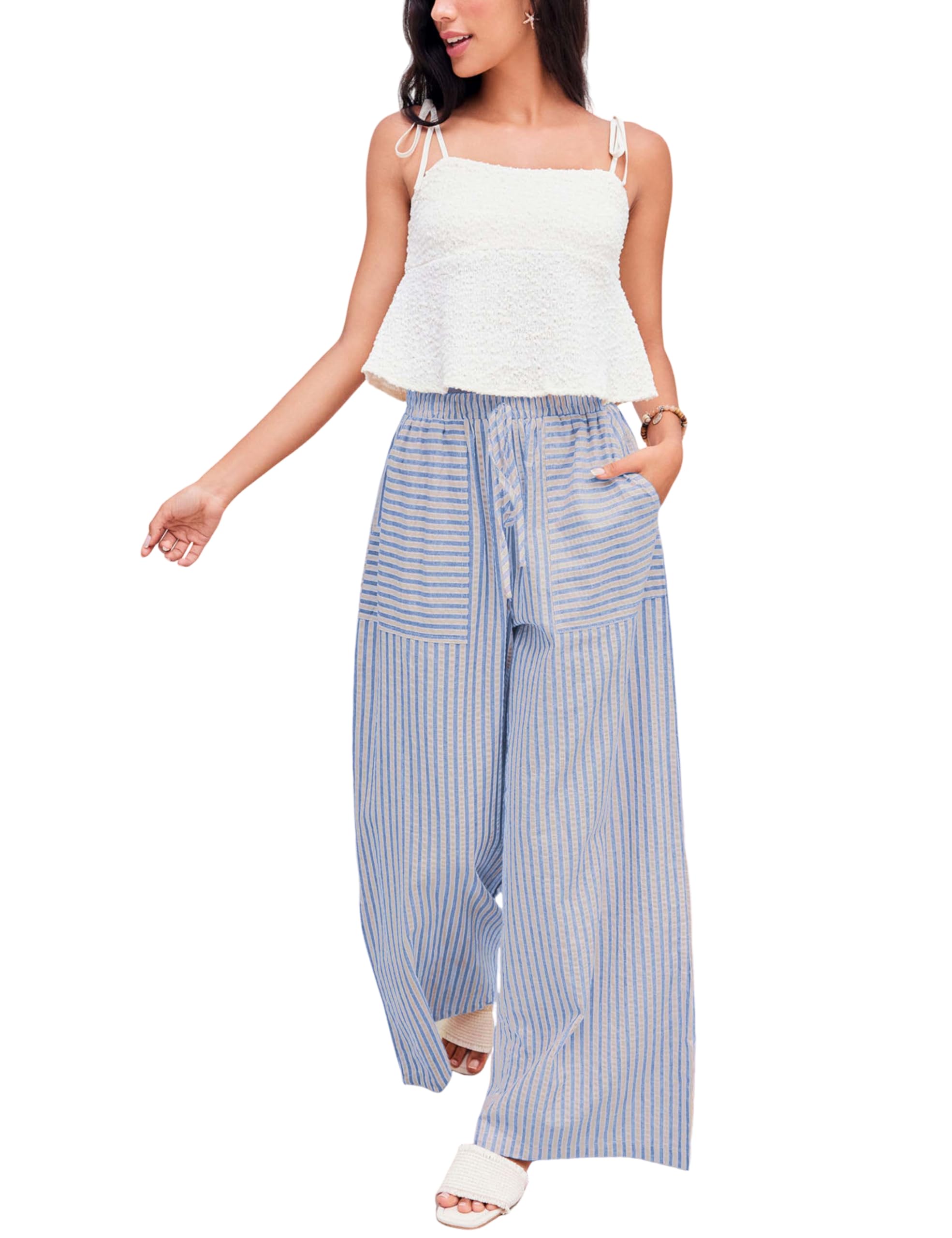 Foto 1 | Pantalones Anchos Yeokou Para Mujer  Algodón A Rayas  Azul  Talla M - Venta Internacional.