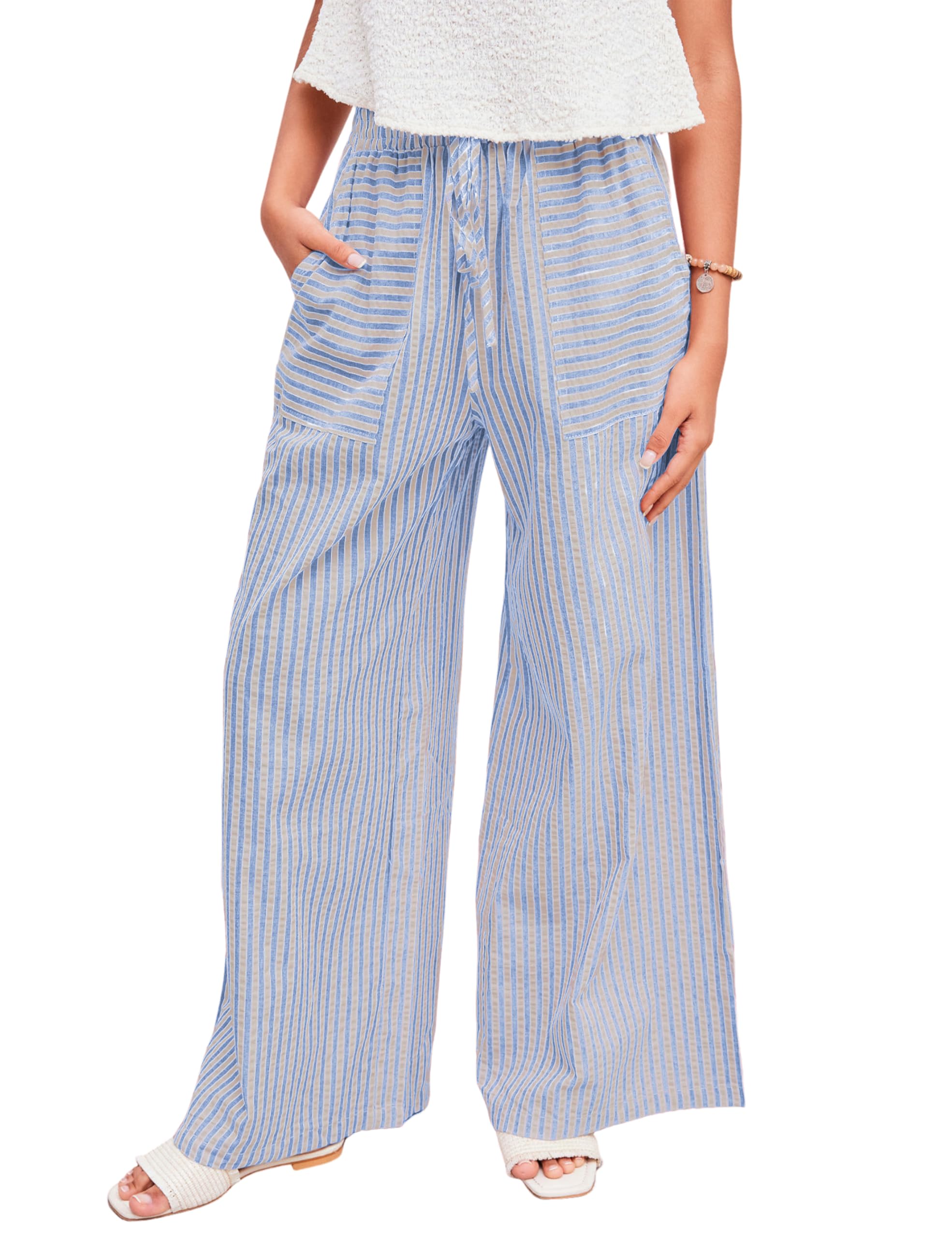 Foto 3 pulgar | Pantalones Anchos Yeokou Para Mujer  Algodón A Rayas  Azul  Talla M - Venta Internacional.