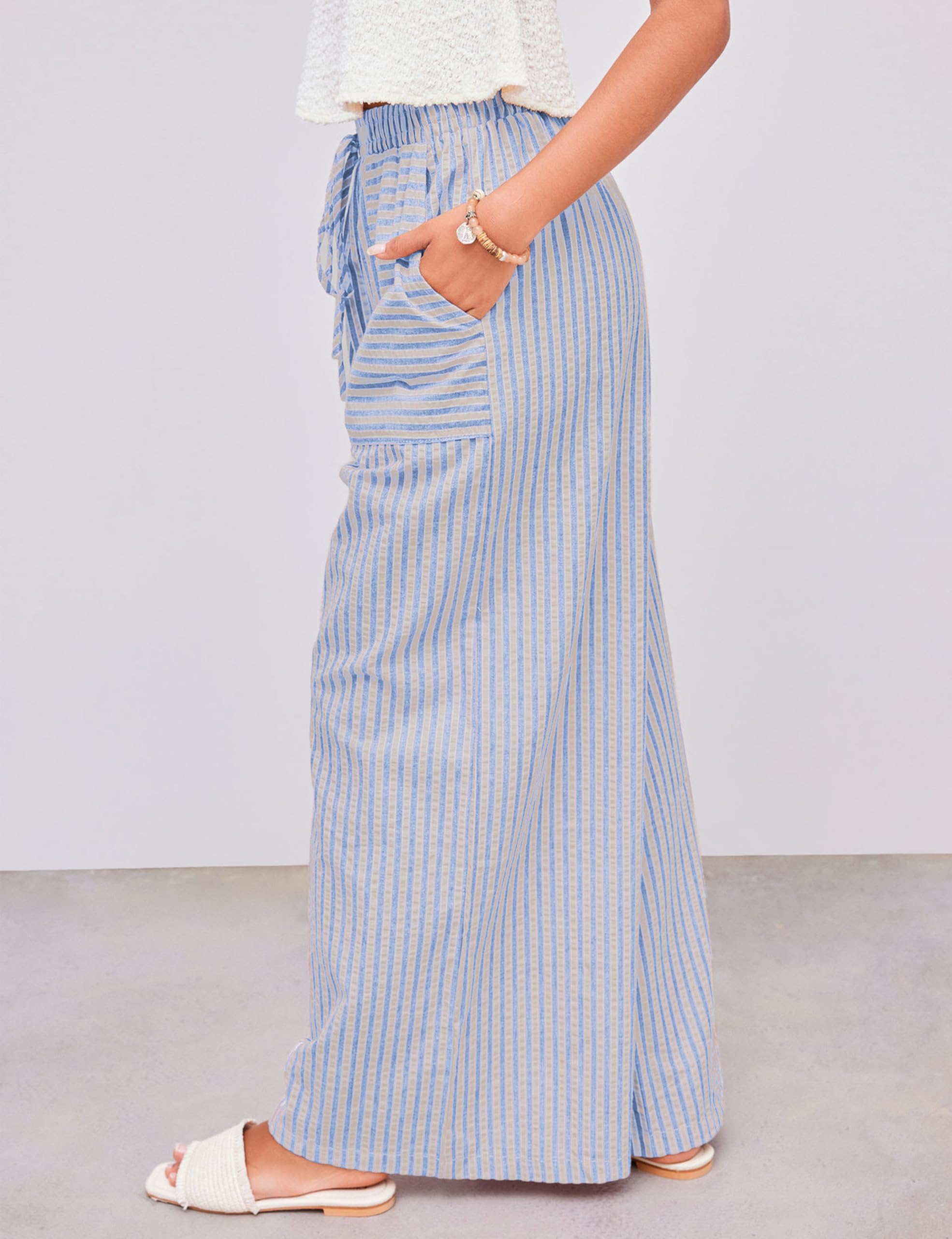 Foto 4 pulgar | Pantalones Anchos Yeokou Para Mujer  Algodón A Rayas  Azul  Talla M - Venta Internacional.