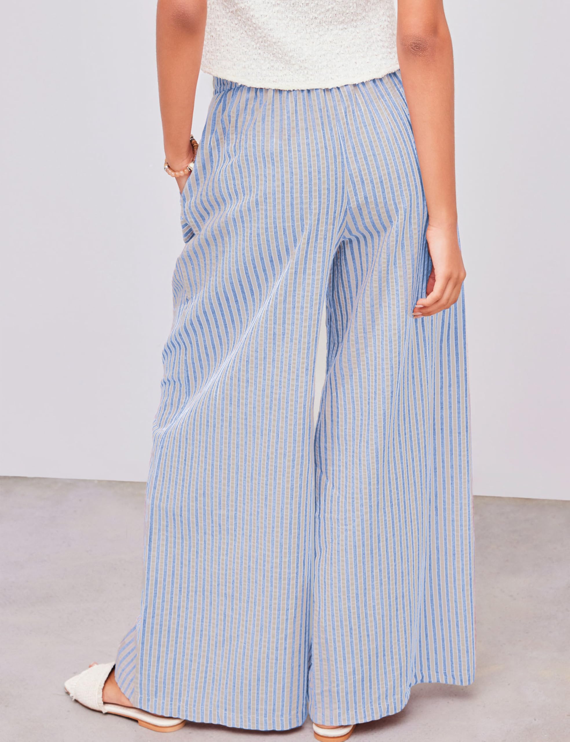 Foto 5 pulgar | Pantalones Anchos Yeokou Para Mujer  Algodón A Rayas  Azul  Talla M - Venta Internacional.