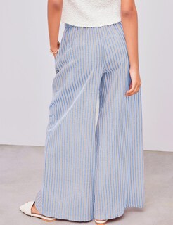 Foto 4 | Pantalones Anchos Yeokou Para Mujer Algodón A Rayas Azul Talla M - Venta Internacional.