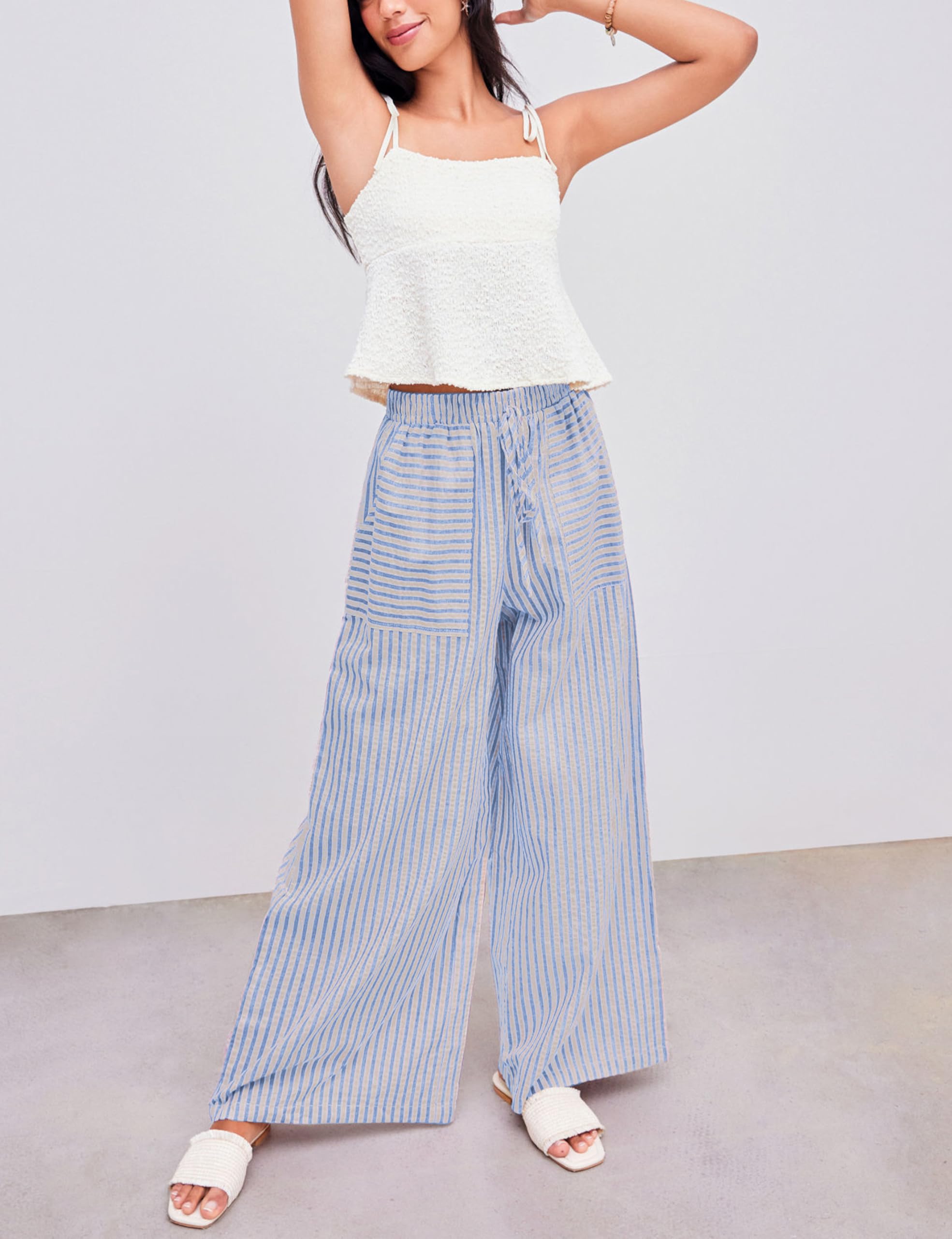 Foto 6 pulgar | Pantalones Anchos Yeokou Para Mujer  Algodón A Rayas  Azul  Talla M - Venta Internacional.