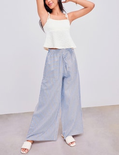 Foto 5 | Pantalones Anchos Yeokou Para Mujer Algodón A Rayas Azul Talla M - Venta Internacional.