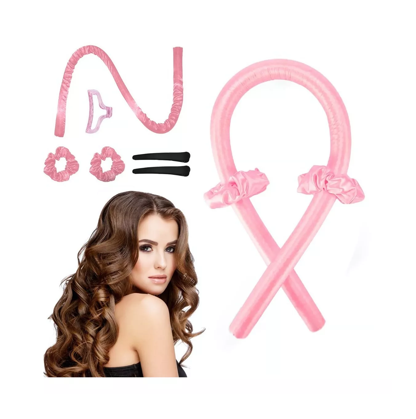 Foto 6 pulgar | Curly Ondas en Cabello rizos sin Calor Tubo + 2 Scrunchies Rosas Lab.G