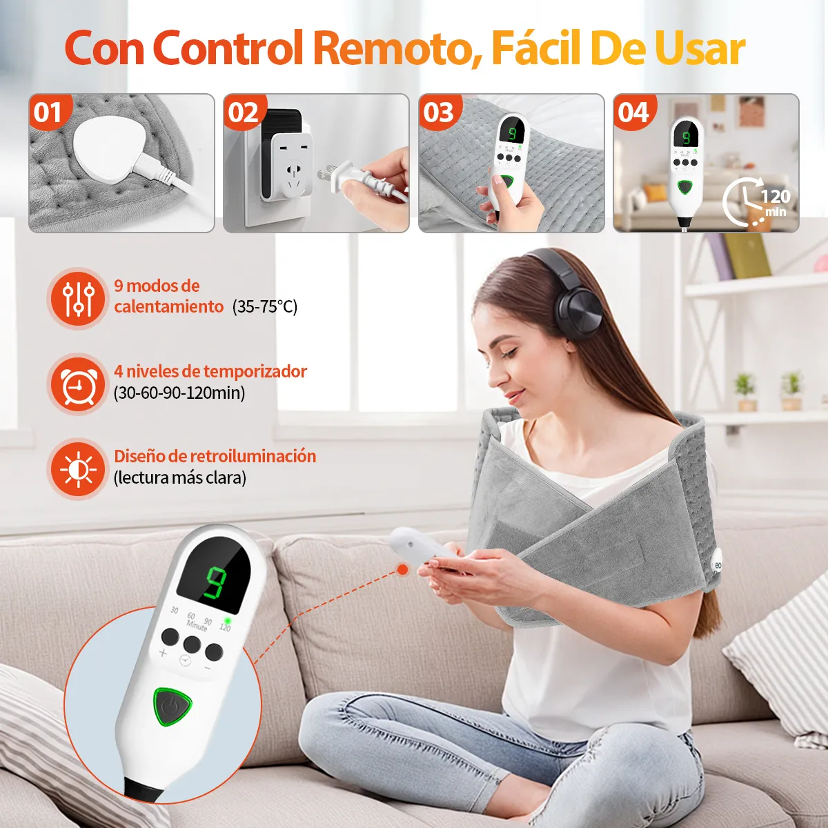 Foto 5 pulgar | Almohadilla Térmica Cojín Eléctrica 9 Niveles Temperaturas Eo Safe Imports Esi-19916 Gris