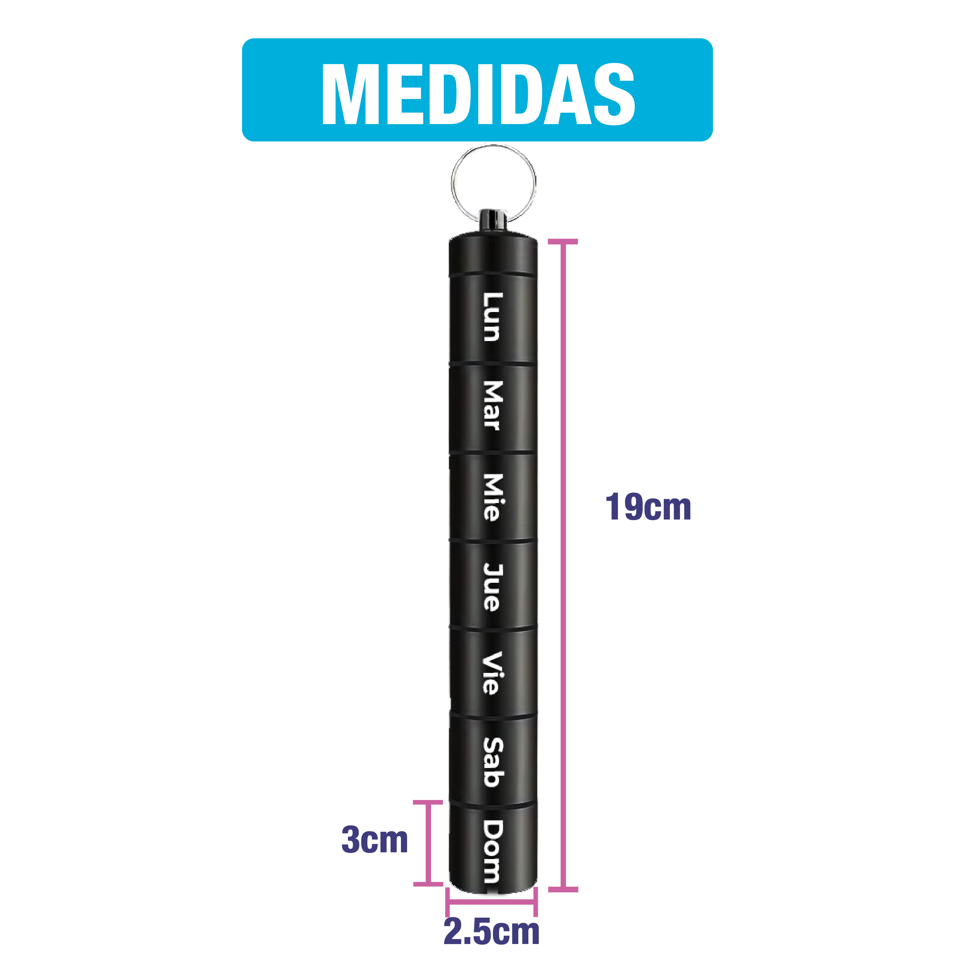 Foto 9 pulgar | Pastillero Semanal Portabs Hermético de Llavero en Español Negro