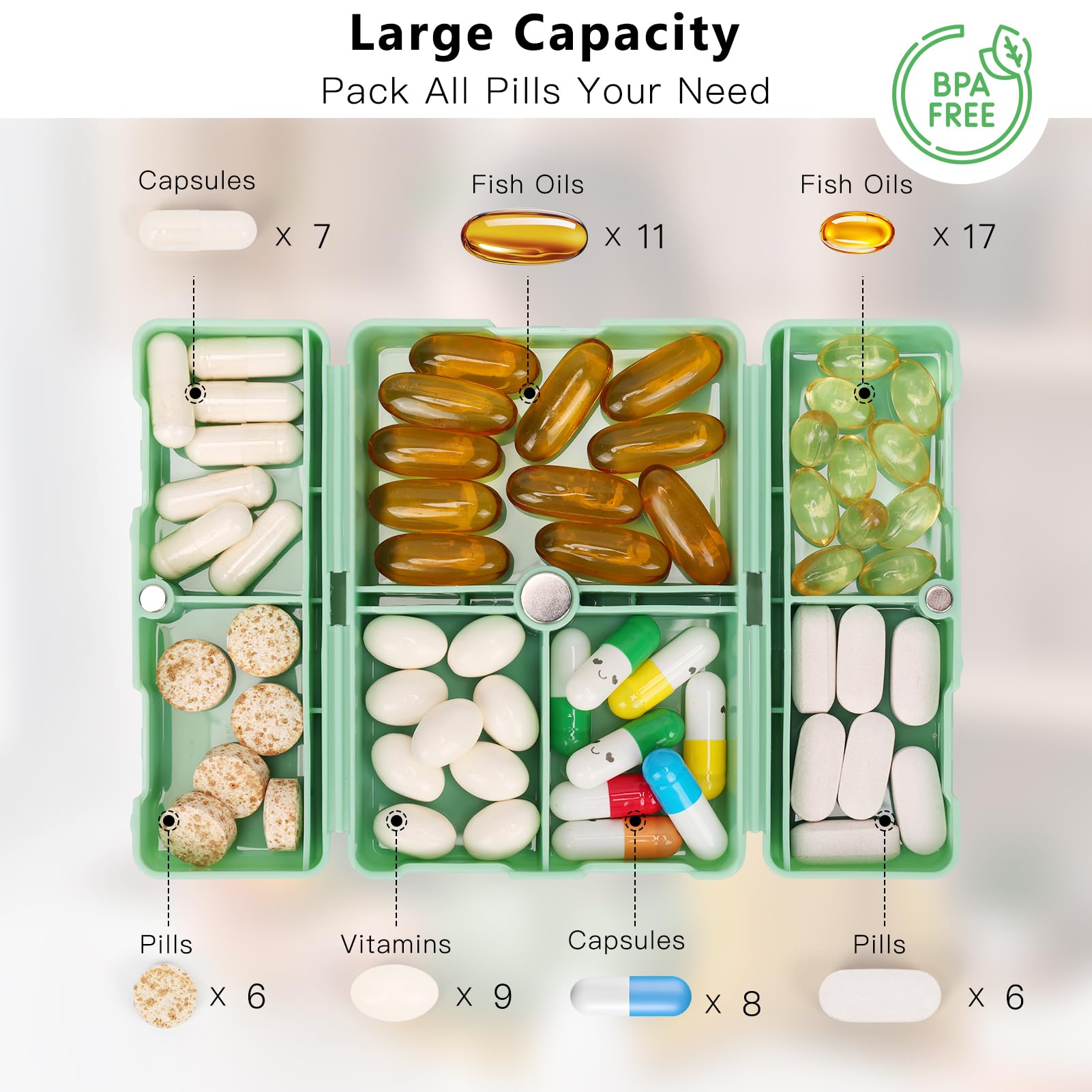 Foto 2 | Organizador De Pastillas Fyy Daily Con 7 Compartimentos, Portátil, Color Verde - Venta Internacional.