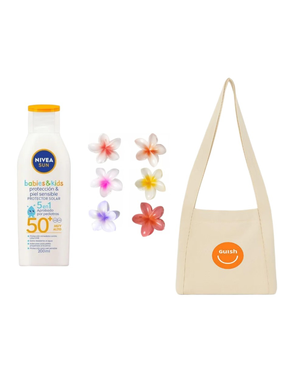 Kit Verano Nivea Sun Babies & Kids Protector Solar + Pinzas Para Cabello Flor + Tote Güish