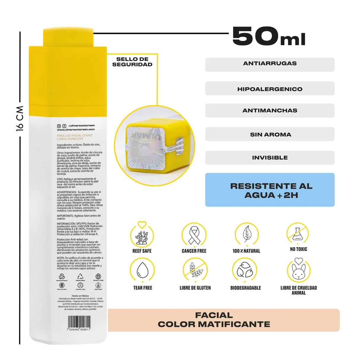 Foto 2 | Ulmar Protector Solar Facial Mineral Fps50 Uva/uvb/hevl/ir-v Color Matificante 50ml