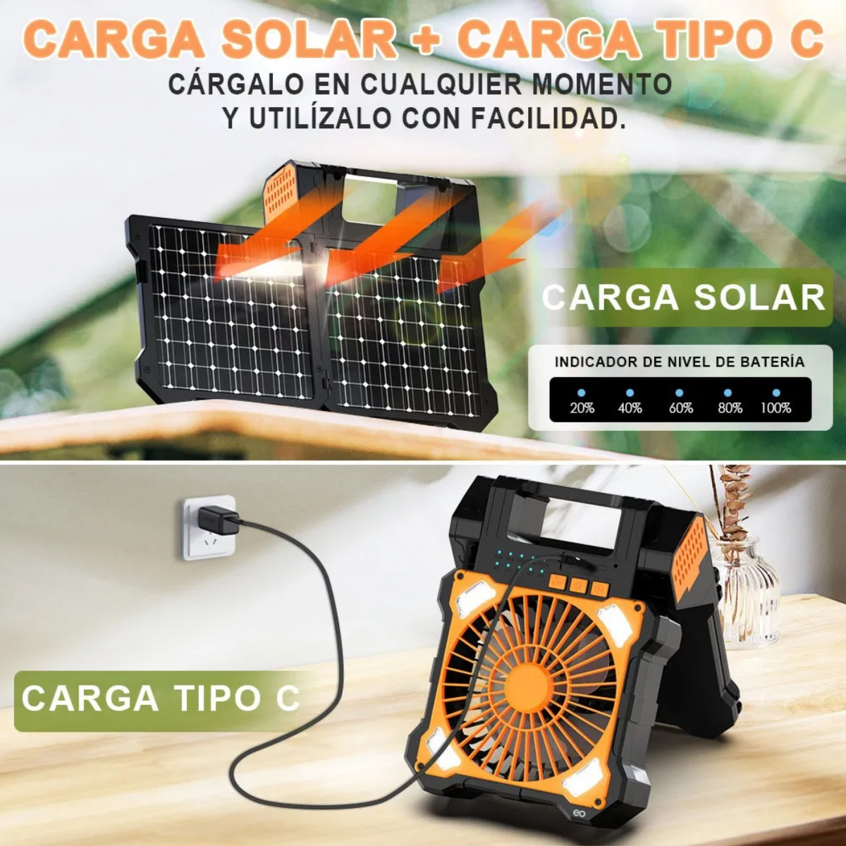 Foto 2 | Ventilador Portátil Camping Usb Con Luz Led Recargable Solar Eo Safe Imports Esi-19125 Negro