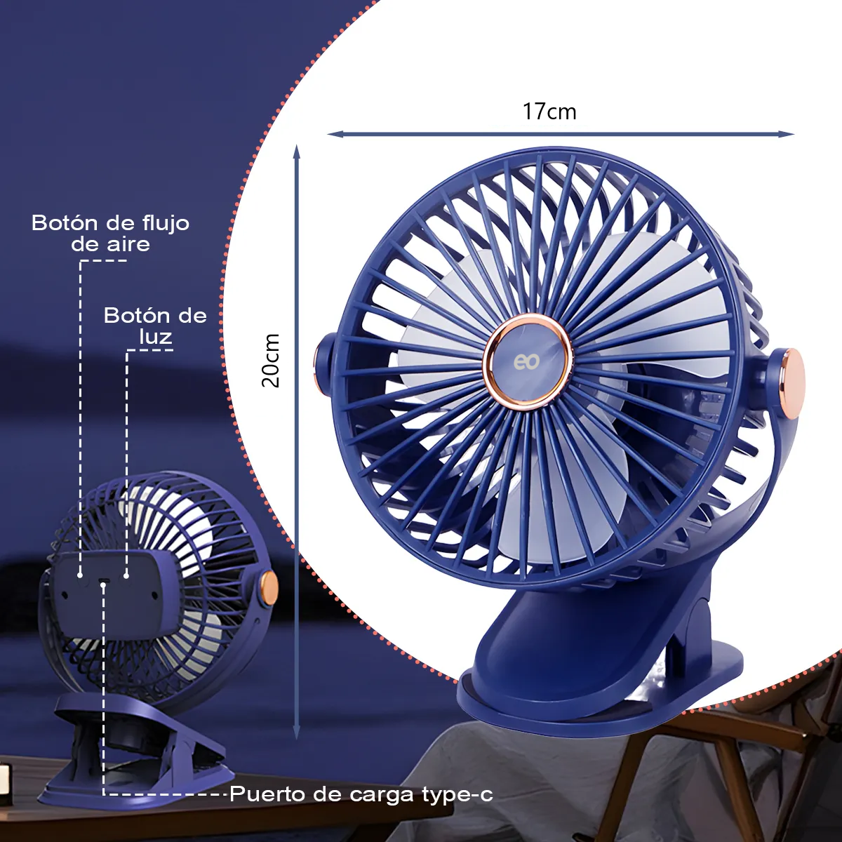Foto 3 pulgar | Ventilador Portátil Redondo Recargable Con Clip Eo Safe Imports Esi-20126 Azul