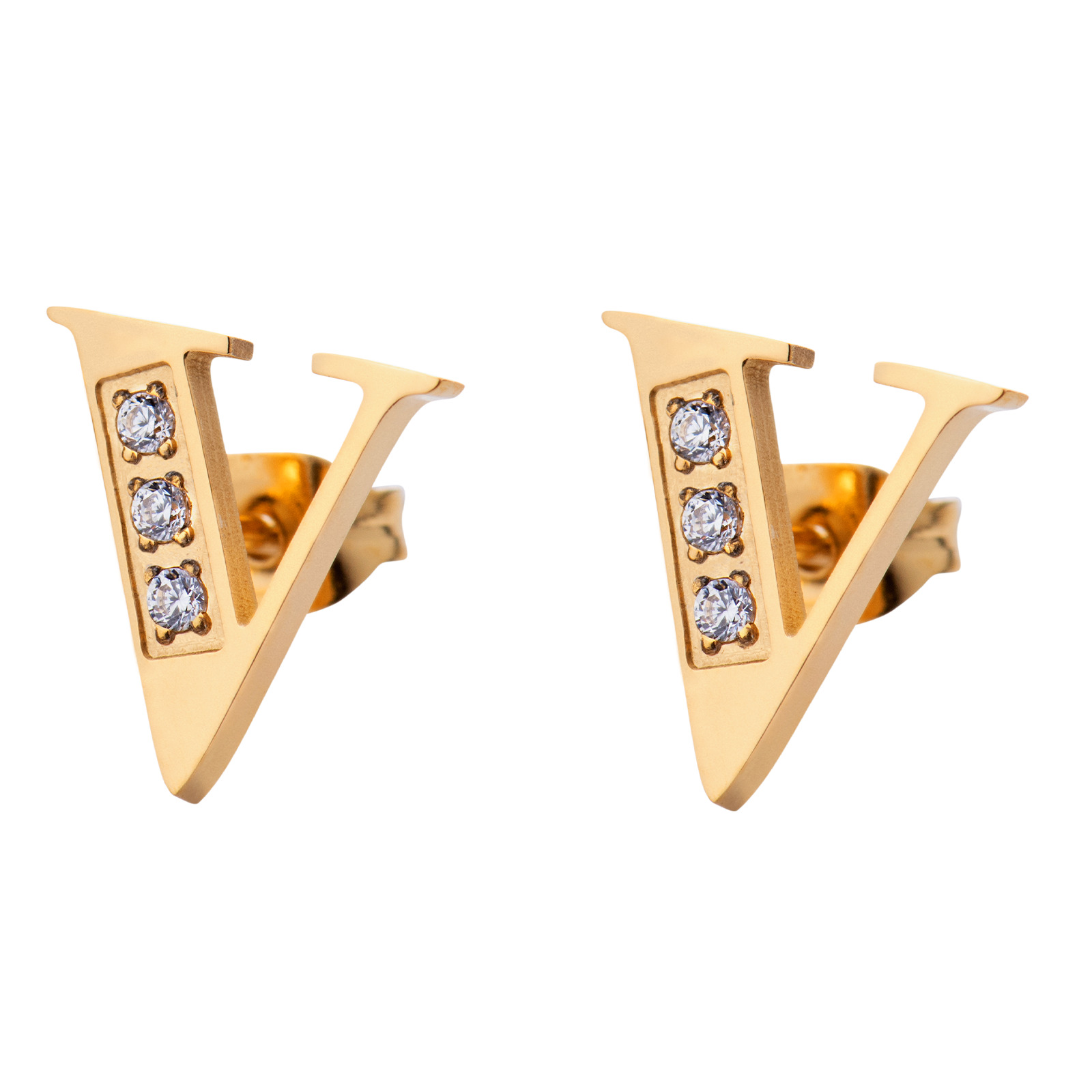 Aretes Mujer Baño de Oro 18k De Inicial Letra Con Zirconia Cúbica Luckyly, Modelo Tina, Letra V