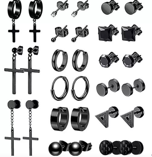 Aretes Piercing 15 Pares Negros Unisex