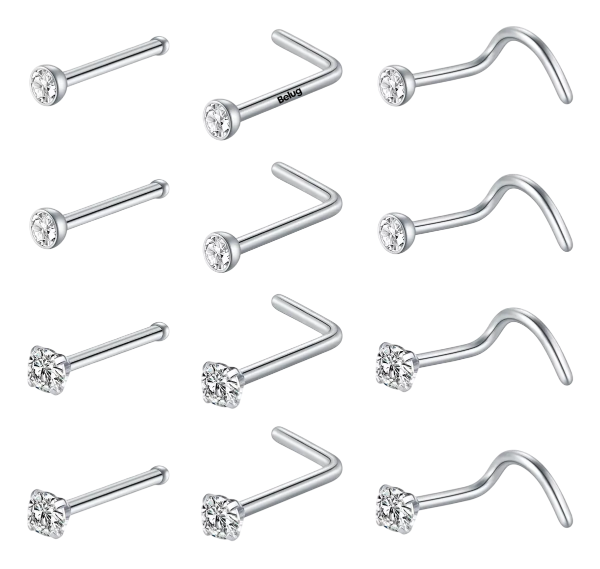 12pc Piercing Nariz Joyería Plata Acero Inoxidable Mujer Plata