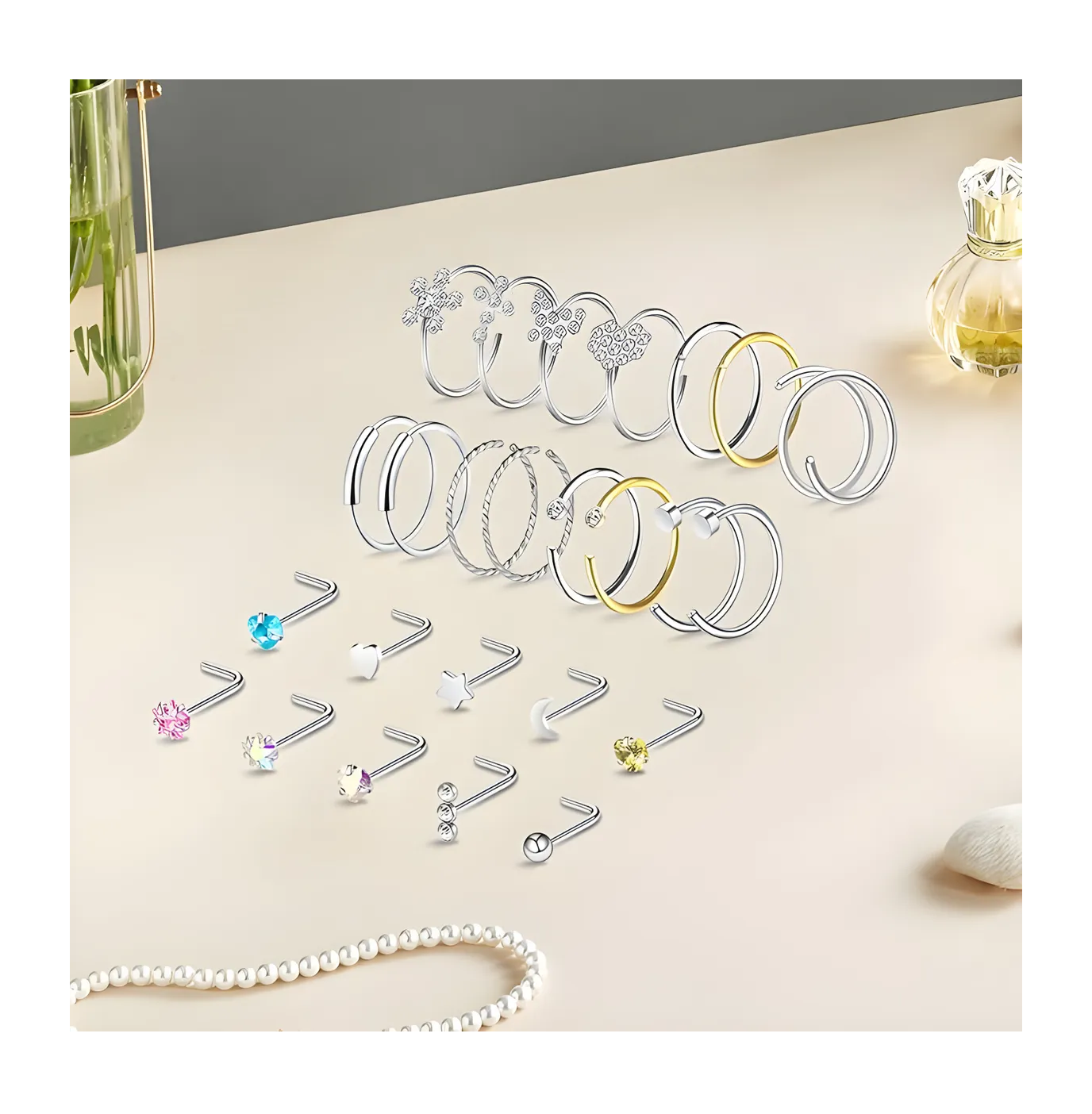 Foto 4 pulgar | Anillos Nasales Aretes Piercing De Nariz Acero Inoxidable 33 Pz