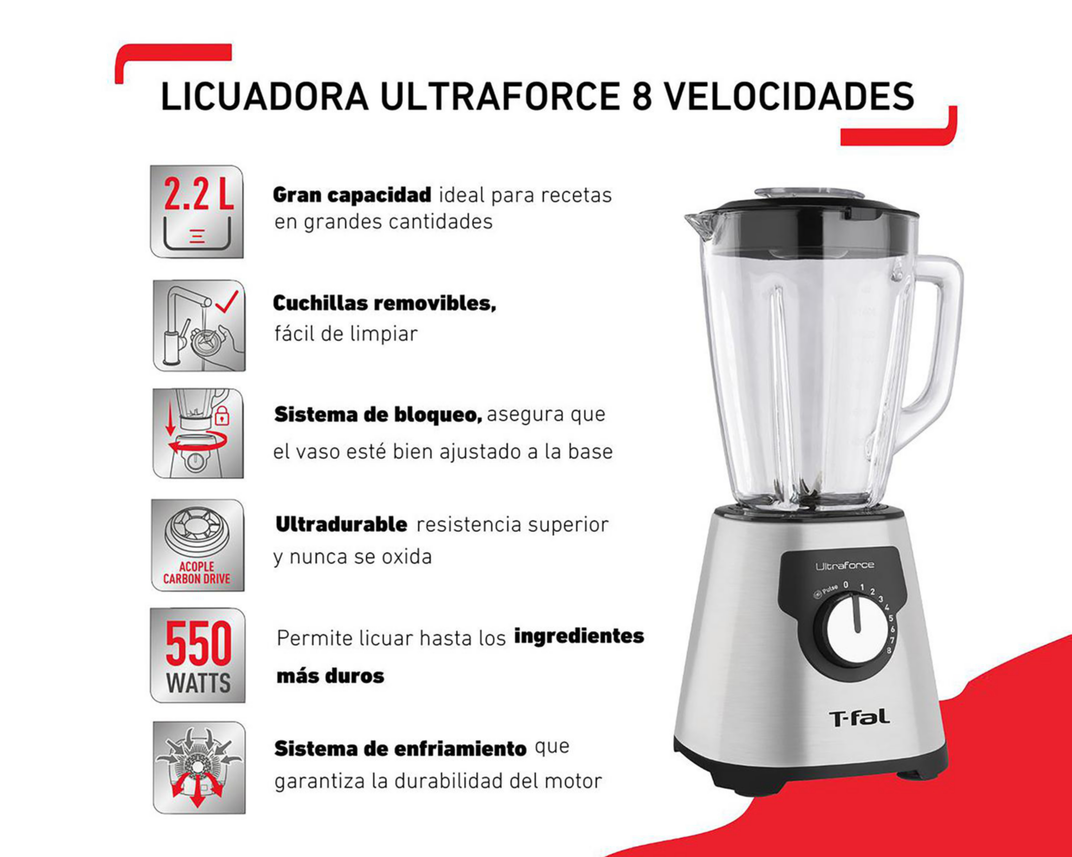 Foto 9 pulgar | Licuadora T-FAL 8 Velocidades Vaso de Vidrio