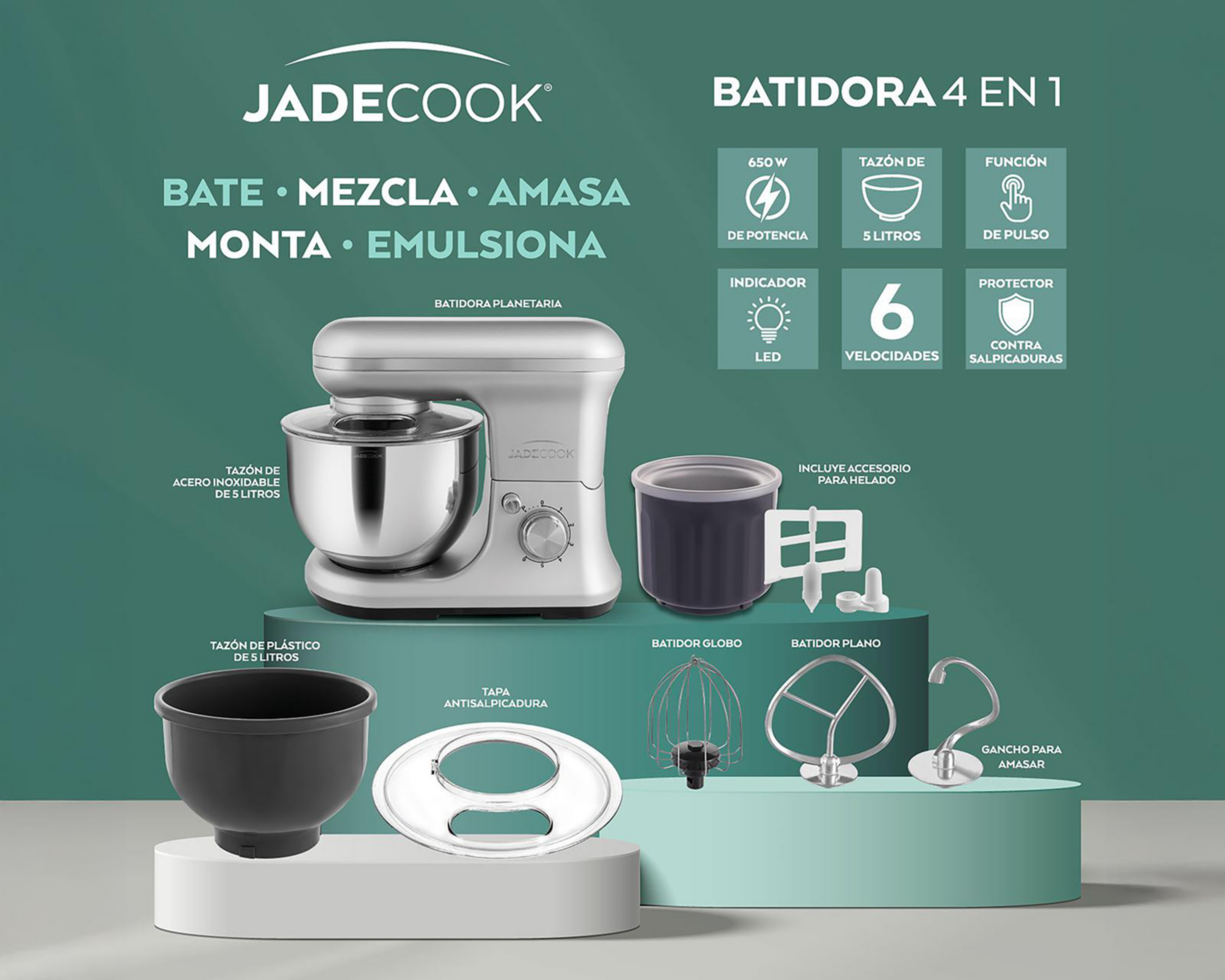 Foto 6 pulgar | Batidora de Pedestal Jade Cook 4 en 1 6 Velocidades con 8 Accesorios