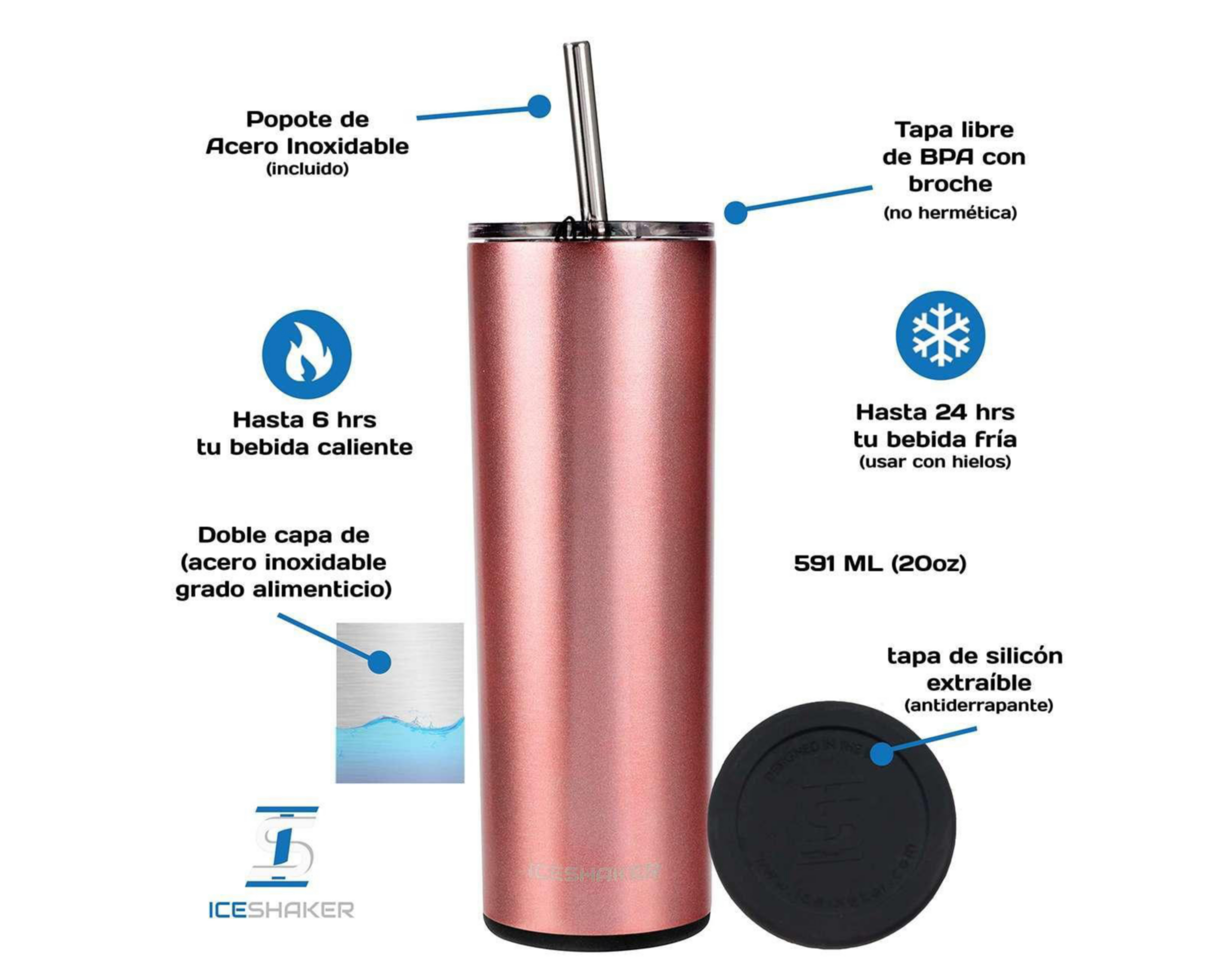 Foto 6 pulgar | Termo Ice Shaker Skinny Rosa Or de 590 ml