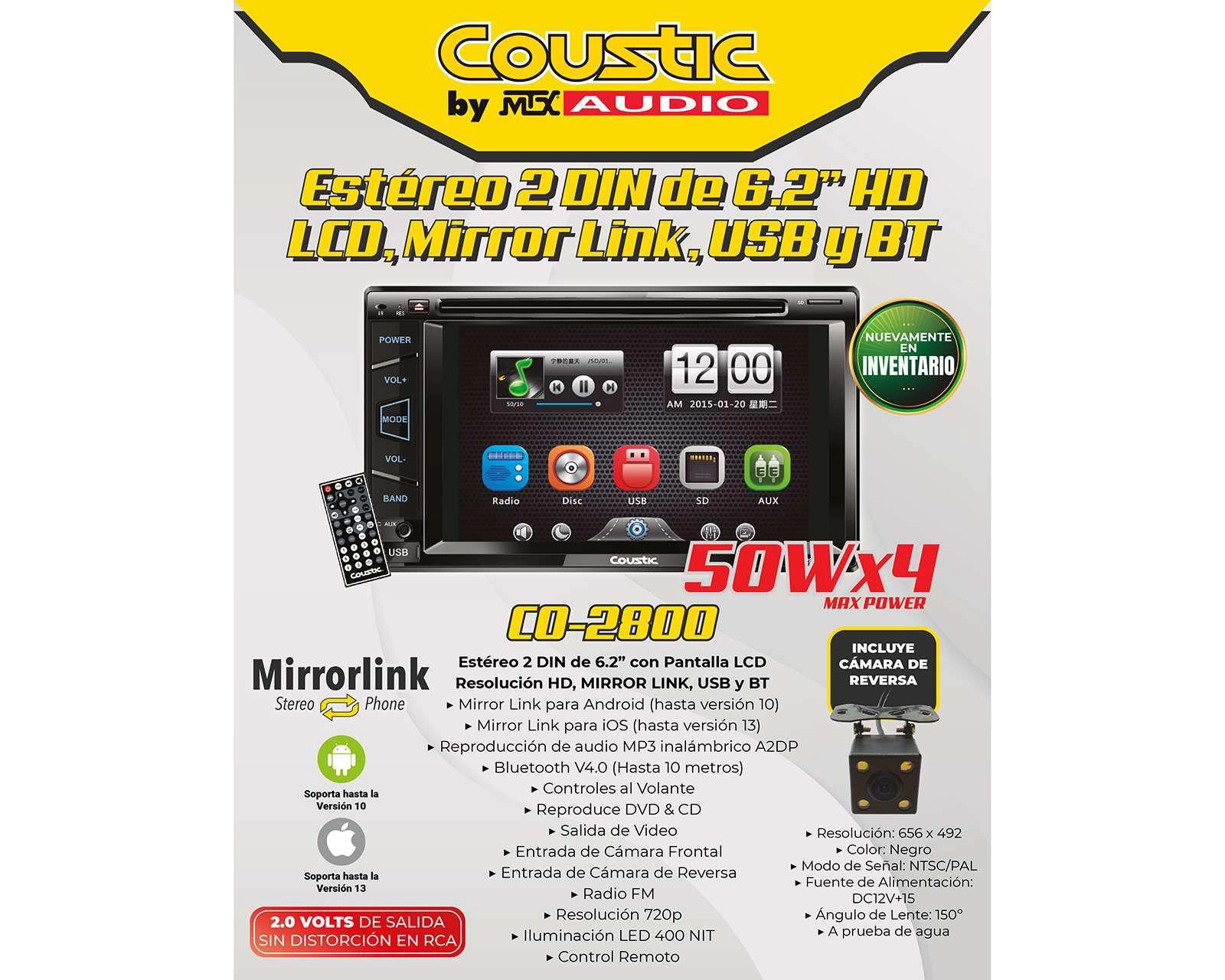 Foto 6 pulgar | Autoestereo Coustic Multimedia con CD CO-2800 de 6.2" Bluetooth IOS y Android Negro