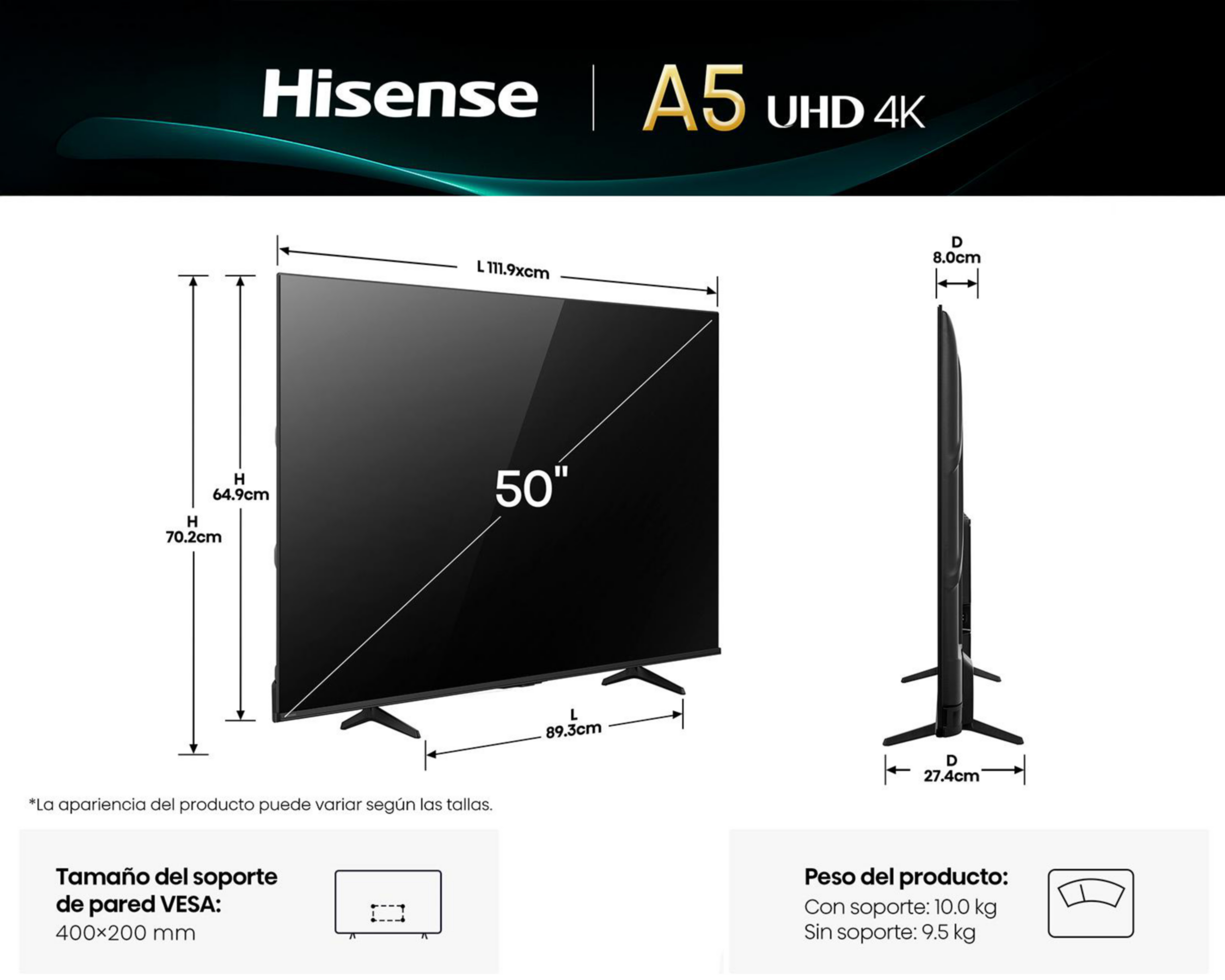 Foto 11 pulgar | Pantalla Smart TV Hisense 50 Pulgadas LED UHD 50A5NV