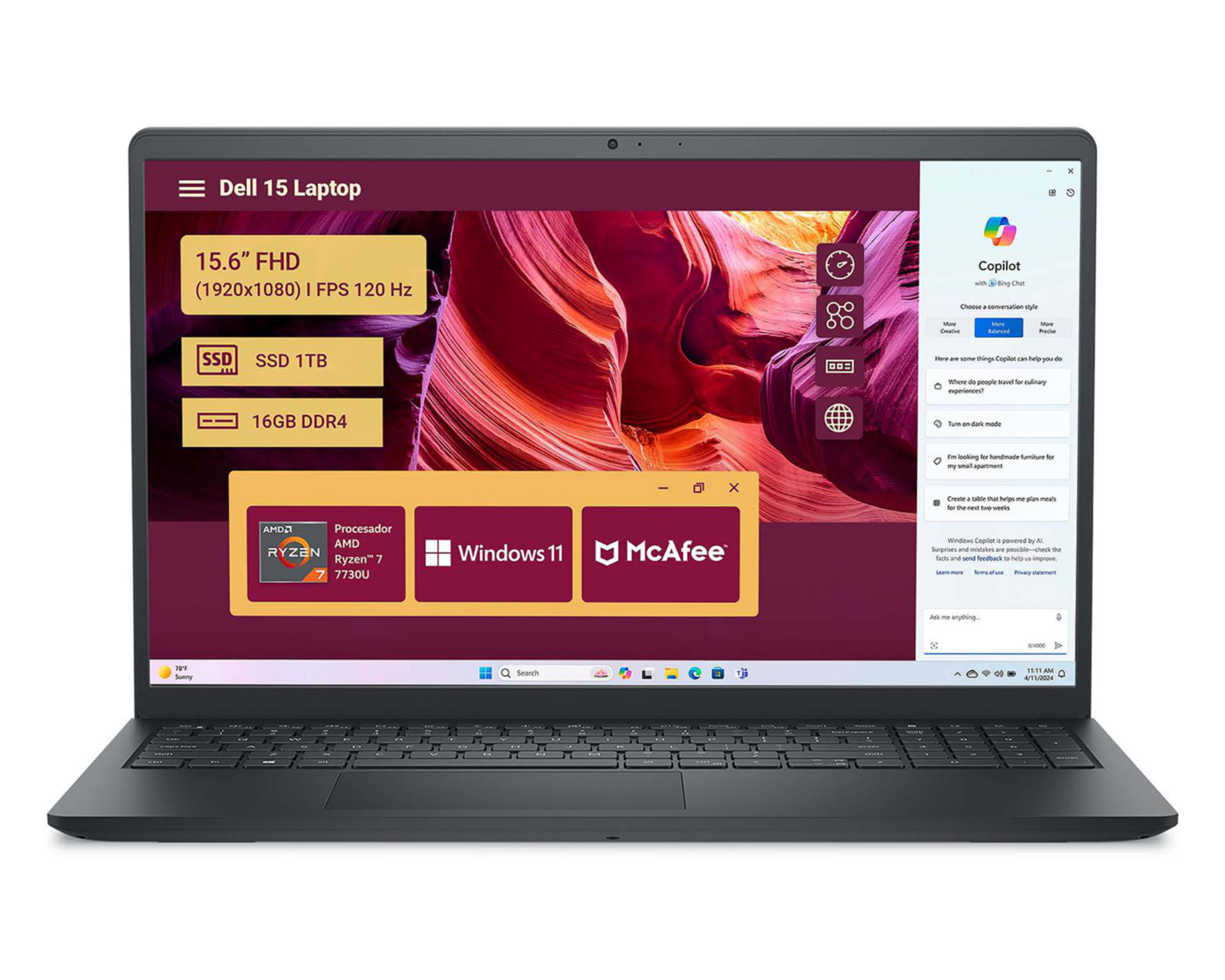 Laptop Dell 15 DC15255 15.6 Pulgadas Windows 11 AMD Ryzen 7 16 GB RAM 1 TB SSD Negra